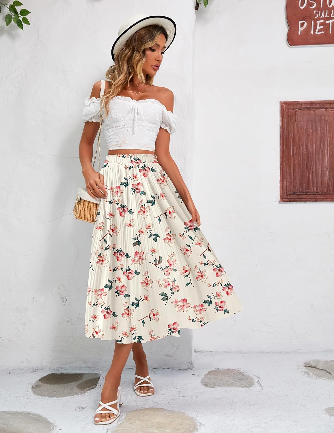 image:imageZeagoo Womens Midi Skirts High Waisted Pleated ALine Swing Skirts Summer Long Skirts with PocketsPink Floral Apricot Print