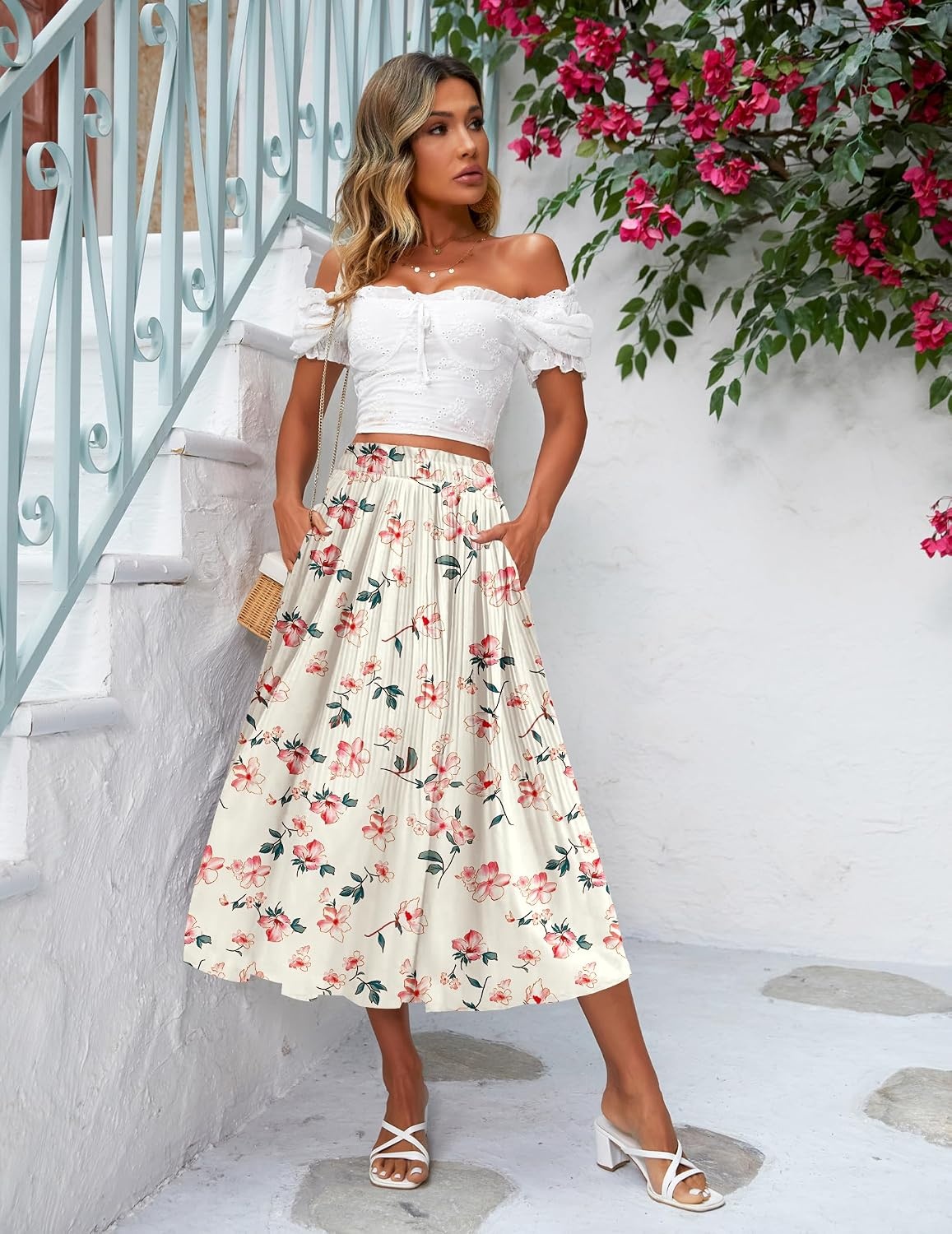 image:imageZeagoo Womens Midi Skirts High Waisted Pleated ALine Swing Skirts Summer Long Skirts with PocketsPink Floral Apricot Print