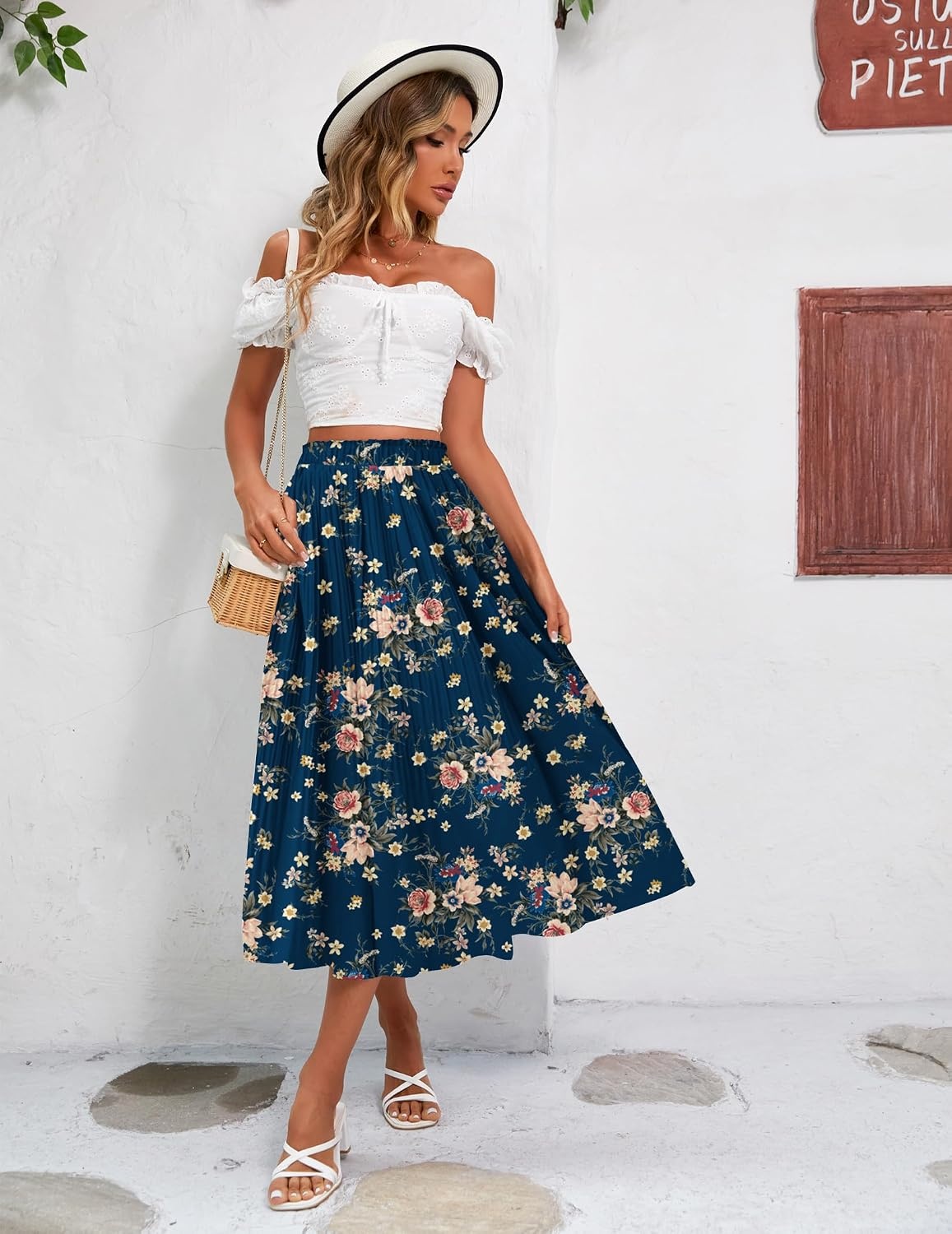 image:imageZeagoo Womens Midi Skirts High Waisted Pleated ALine Swing Skirts Summer Long Skirts with PocketsPink Floral Navy Print