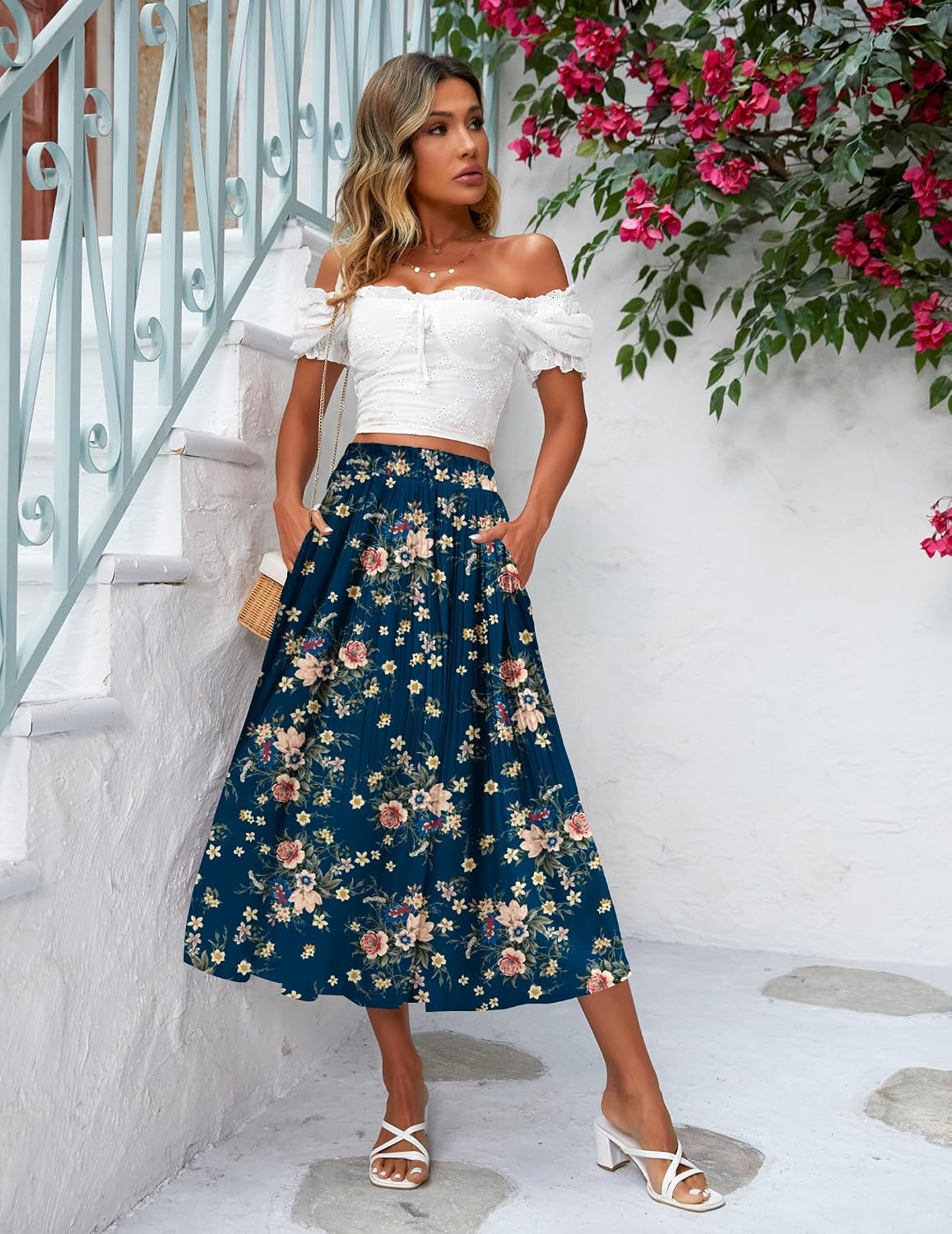 image:imageZeagoo Womens Midi Skirts High Waisted Pleated ALine Swing Skirts Summer Long Skirts with PocketsPink Floral Navy Print