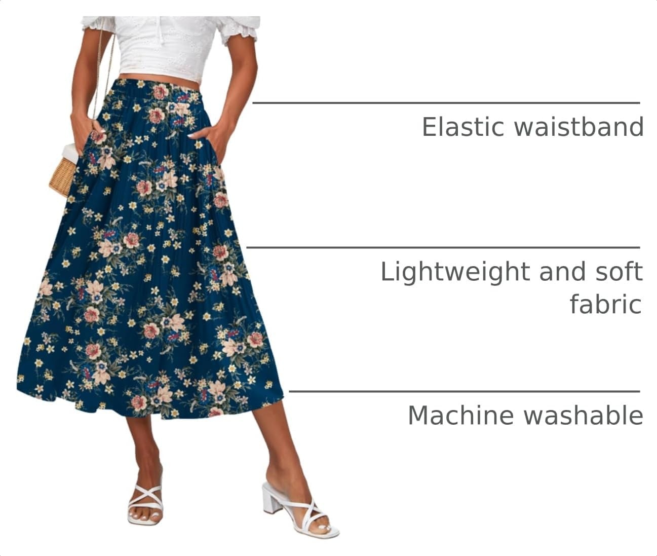 image:imageZeagoo Womens Midi Skirts High Waisted Pleated ALine Swing Skirts Summer Long Skirts with PocketsPink Floral Navy Print