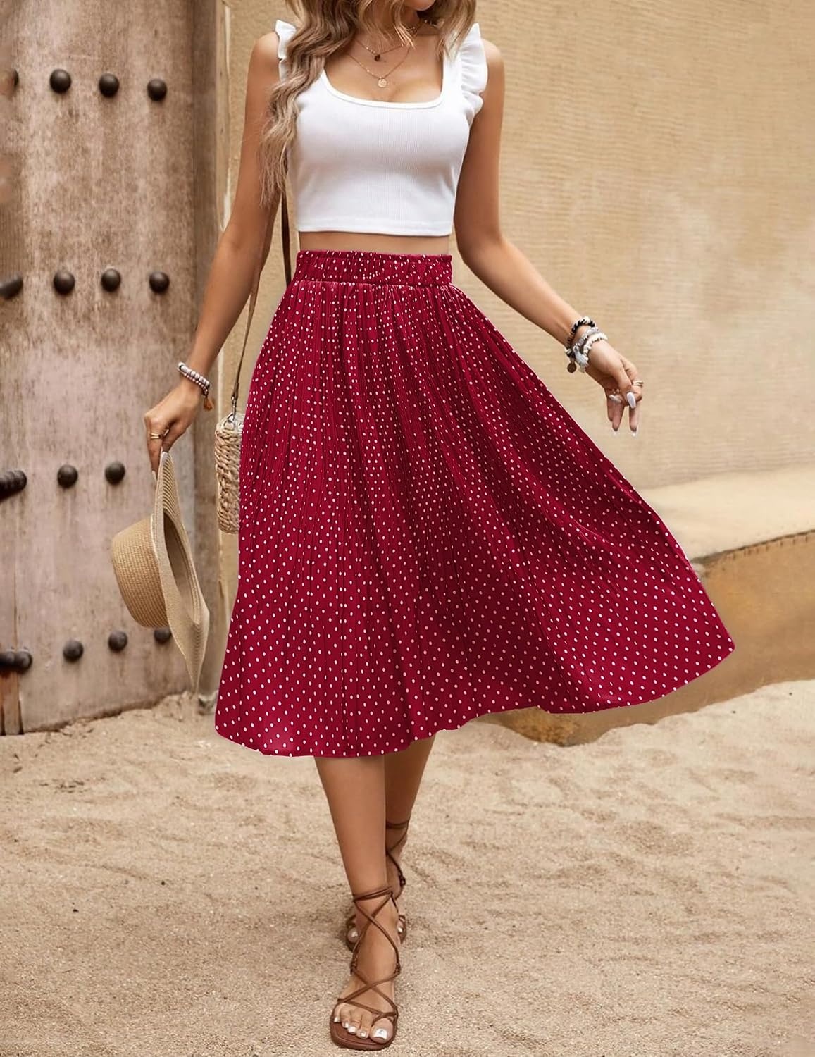 image:imageZeagoo Womens Midi Skirts High Waisted Pleated ALine Swing Skirts Summer Long Skirts with PocketsRed Round Dot