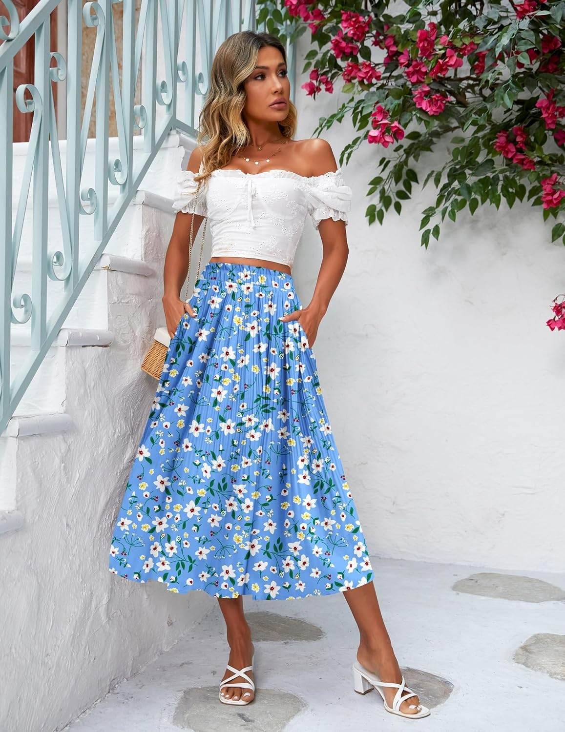 image:imageZeagoo Womens Midi Skirts High Waisted Pleated ALine Swing Skirts Summer Long Skirts with PocketsWhite Flower Blue Print