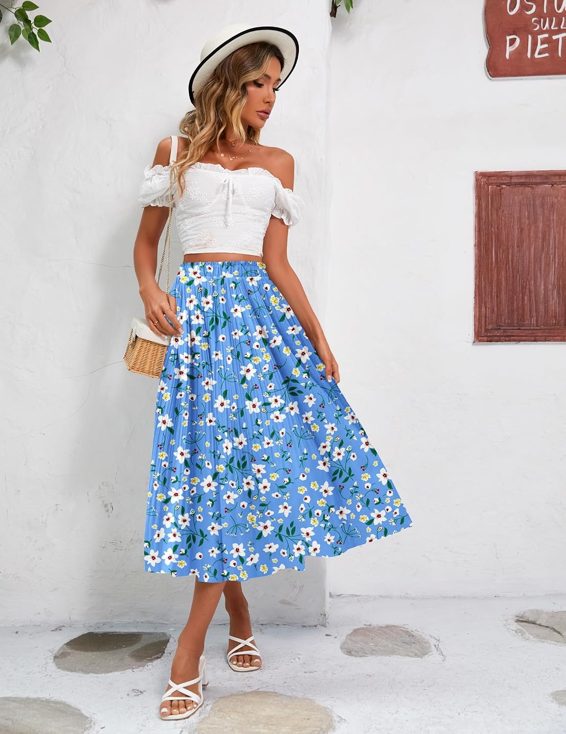 image:imageZeagoo Womens Midi Skirts High Waisted Pleated ALine Swing Skirts Summer Long Skirts with PocketsWhite Flower Blue Print