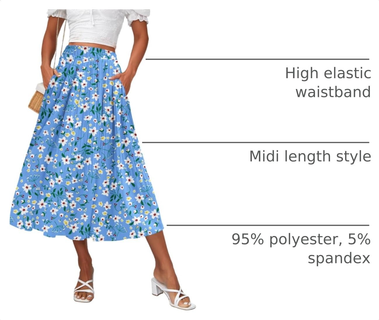 image:imageZeagoo Womens Midi Skirts High Waisted Pleated ALine Swing Skirts Summer Long Skirts with PocketsWhite Flower Blue Print