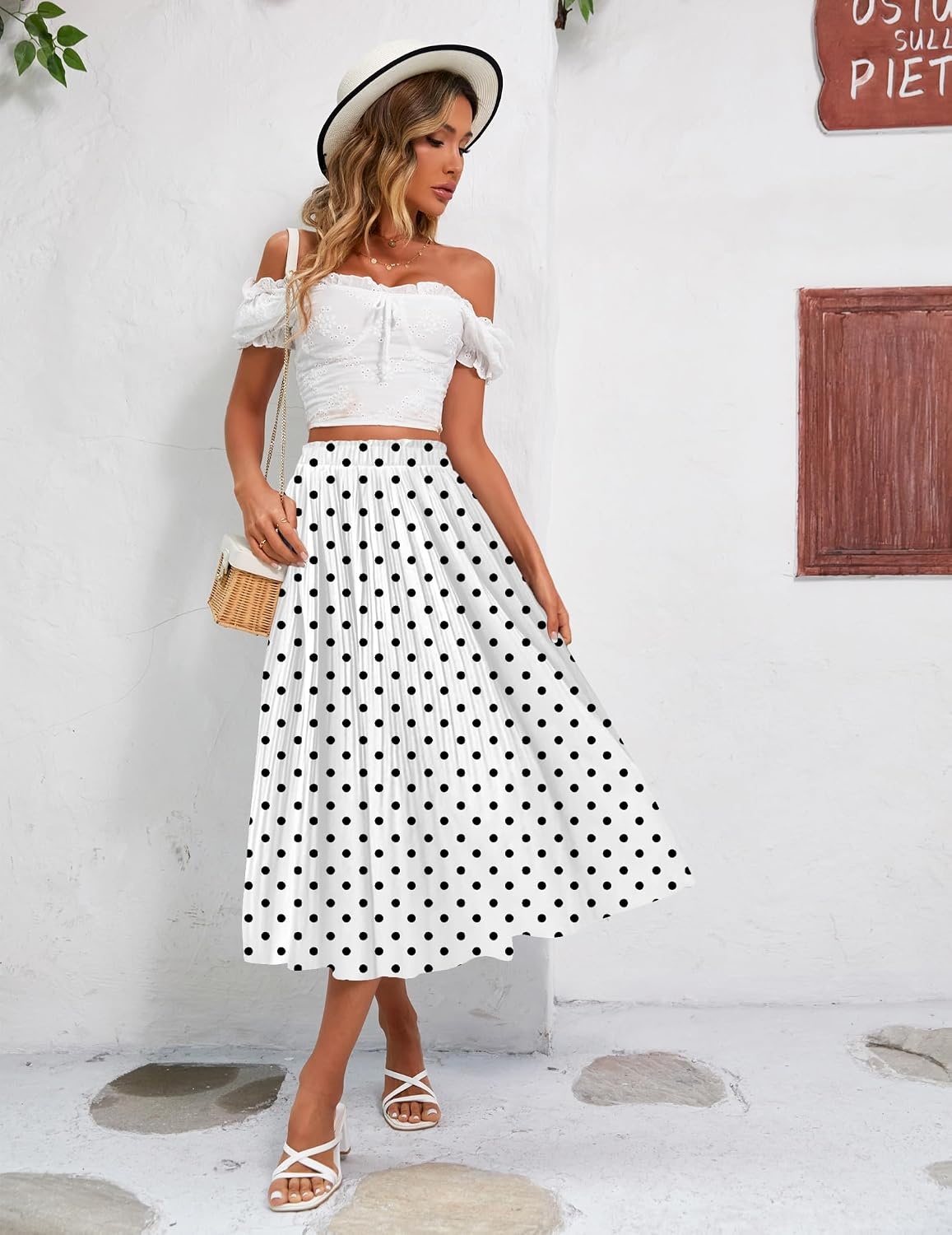 image:imageZeagoo Womens Midi Skirts High Waisted Pleated ALine Swing Skirts Summer Long Skirts with PocketsWhite Polka Dot