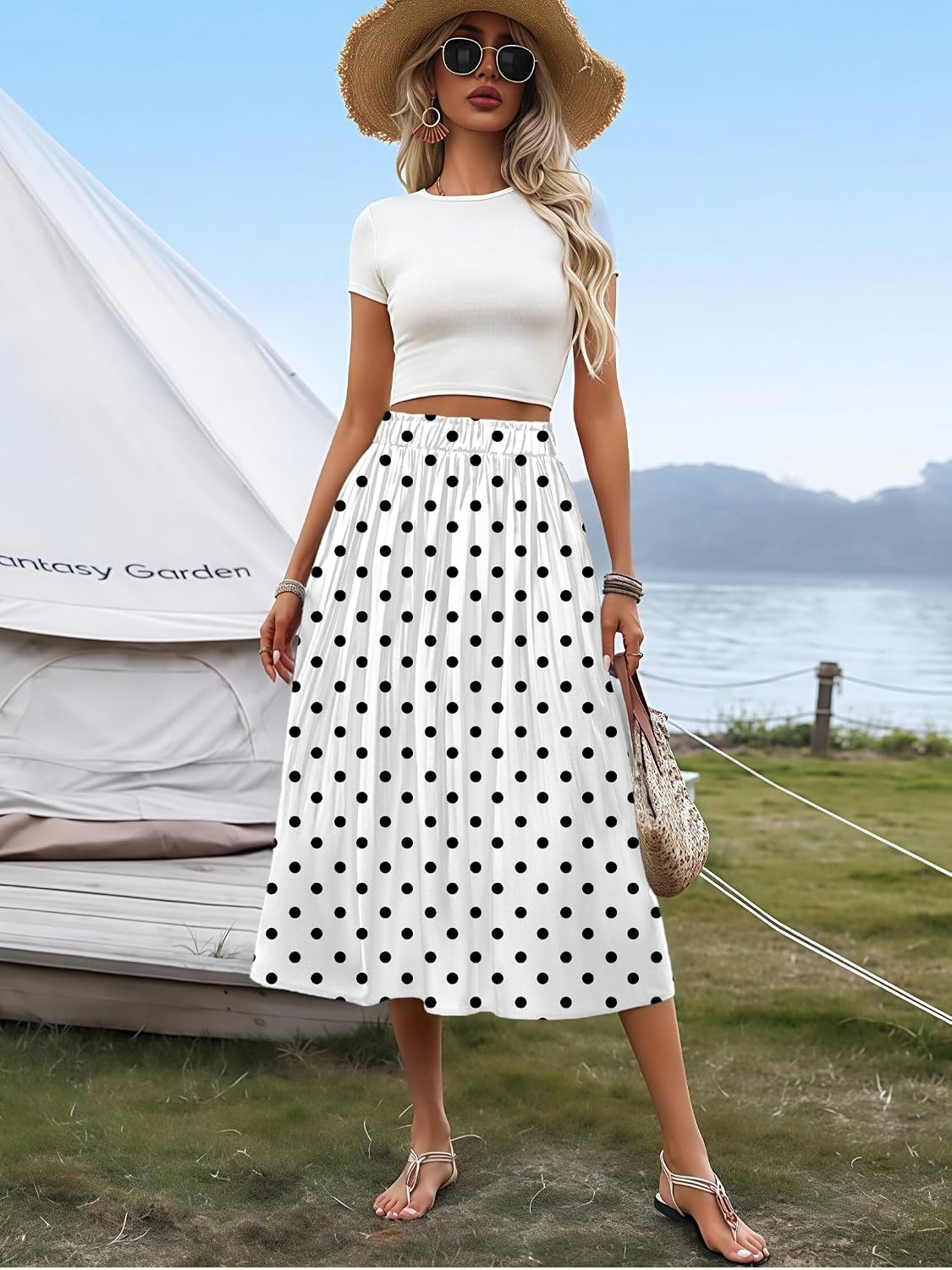image:imageZeagoo Womens Midi Skirts High Waisted Pleated ALine Swing Skirts Summer Long Skirts with PocketsWhite Polka Dot