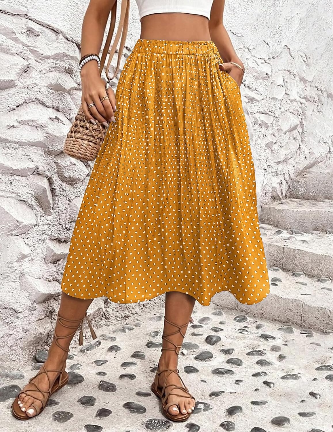 image:imageZeagoo Womens Midi Skirts High Waisted Pleated ALine Swing Skirts Summer Long Skirts with PocketsYellow Floral