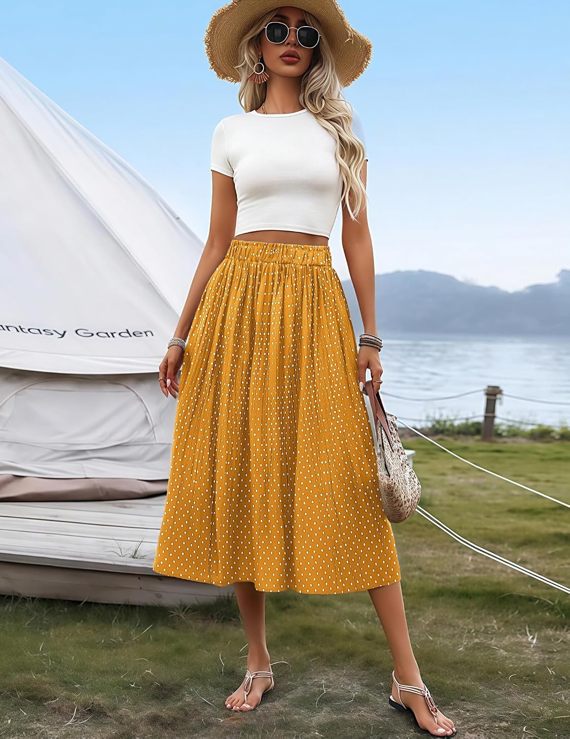 image:imageZeagoo Womens Midi Skirts High Waisted Pleated ALine Swing Skirts Summer Long Skirts with PocketsYellow Floral