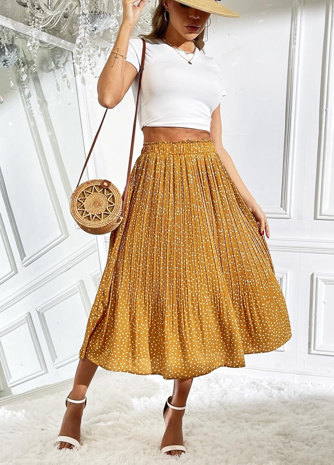 image:imageZeagoo Womens Midi Skirts High Waisted Pleated ALine Swing Skirts Summer Long Skirts with PocketsYellow Floral
