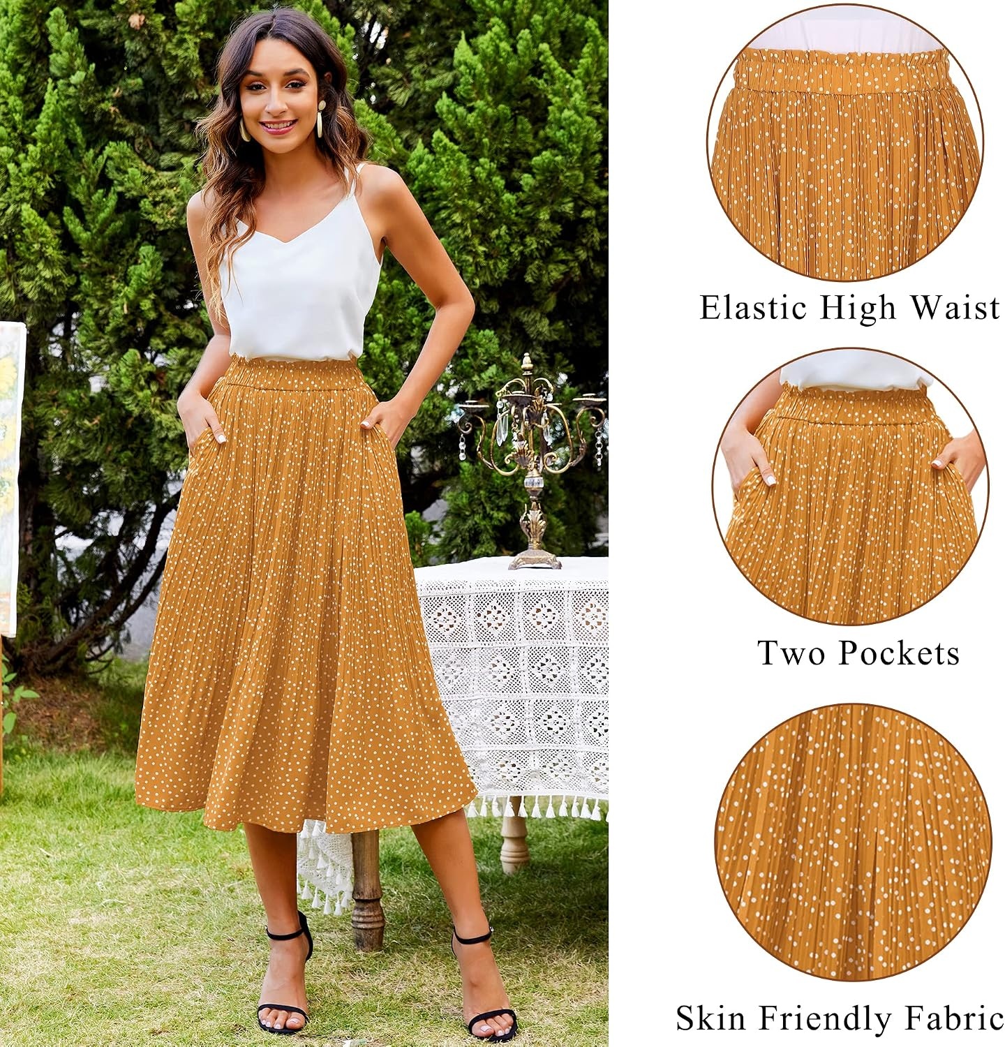 image:imageZeagoo Womens Midi Skirts High Waisted Pleated ALine Swing Skirts Summer Long Skirts with PocketsYellow Floral