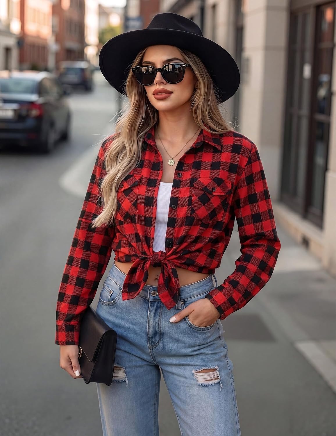 image:imageZeagoo Womens Plaid Flannel Shirt Long Sleeve Top Casual Button Down Blouse1red