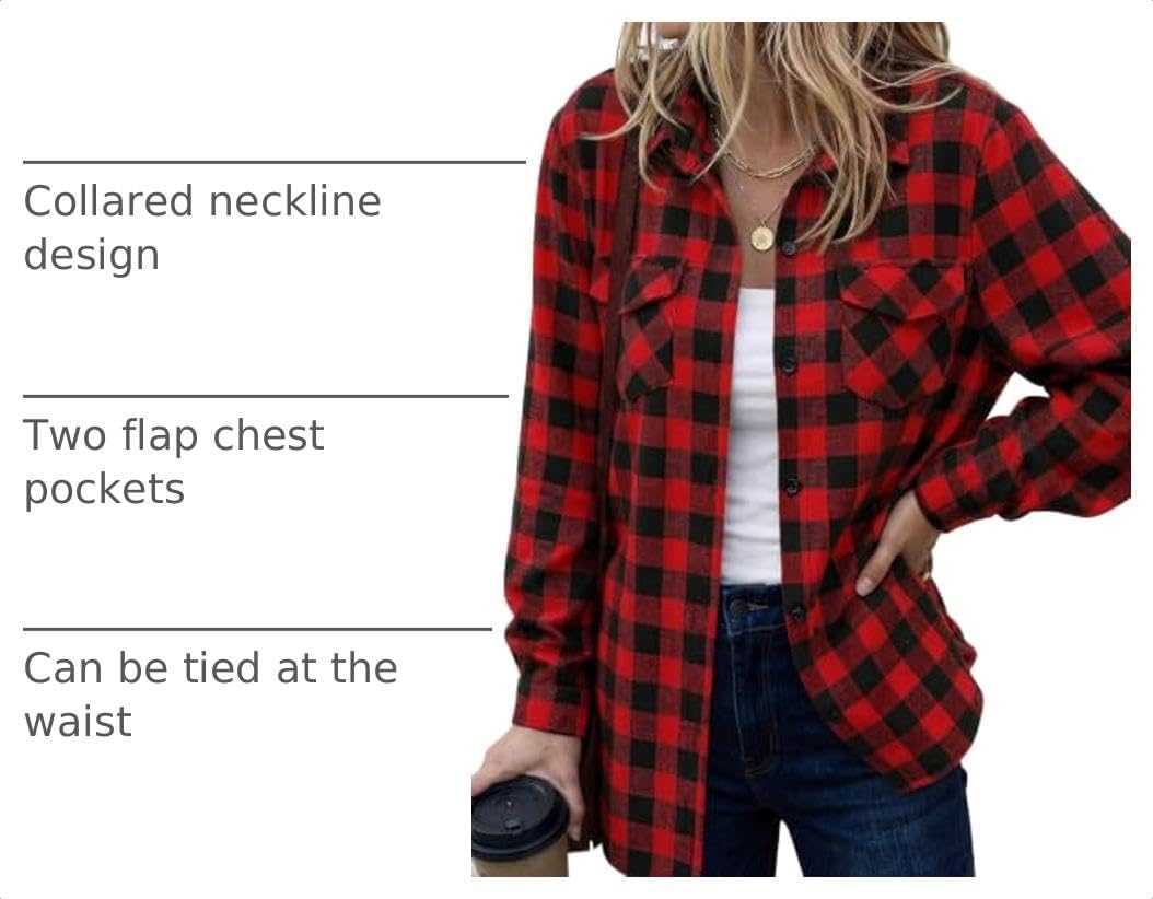 image:imageZeagoo Womens Plaid Flannel Shirt Long Sleeve Top Casual Button Down Blouse1red