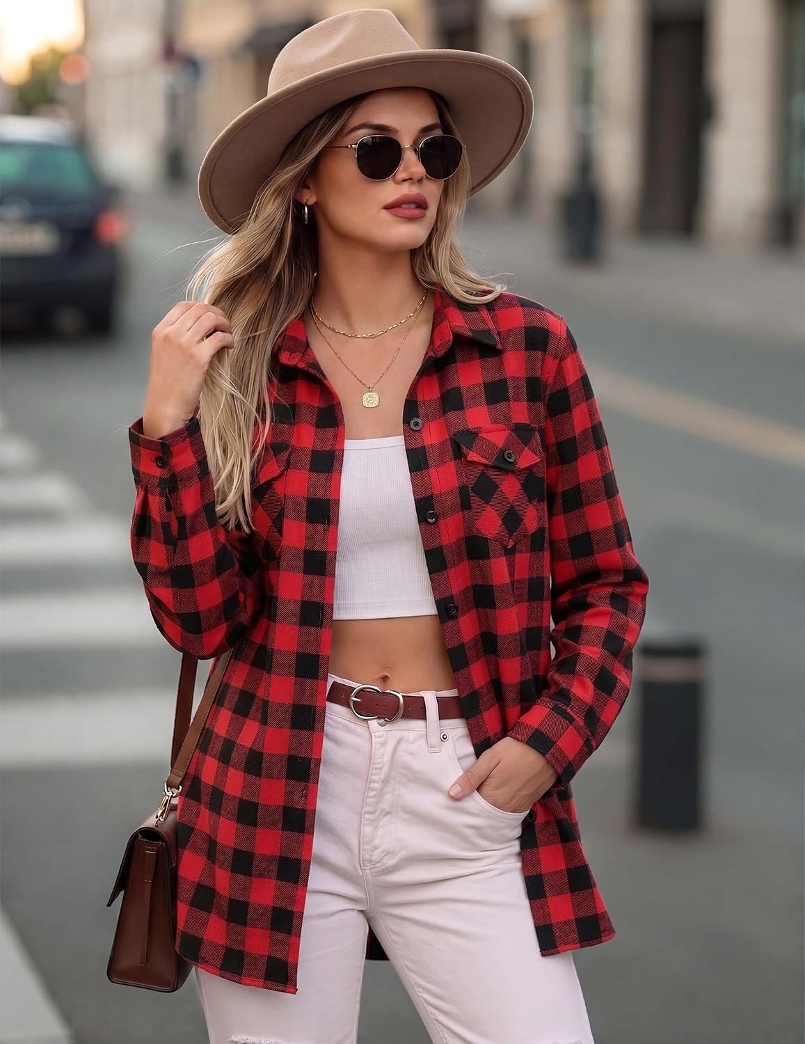 image:imageZeagoo Womens Plaid Flannel Shirt Long Sleeve Top Casual Button Down Blouse1red