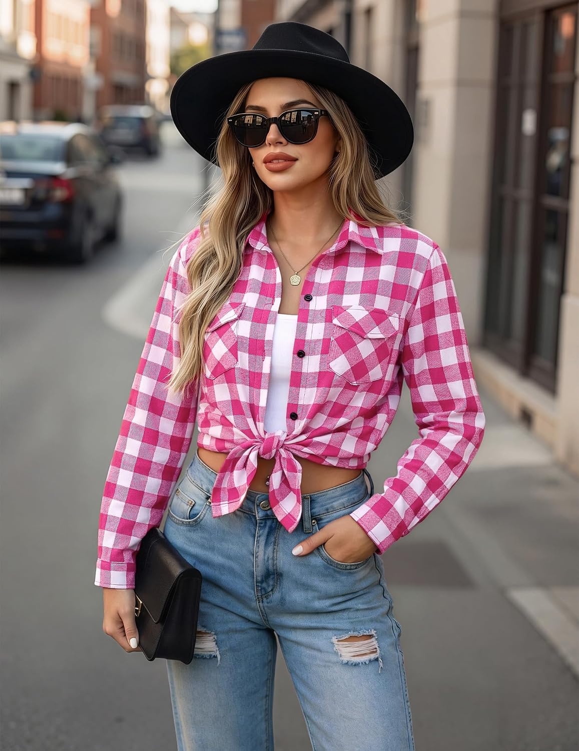 image:imageZeagoo Womens Plaid Flannel Shirt Long Sleeve Top Casual Button Down Blouse1rose