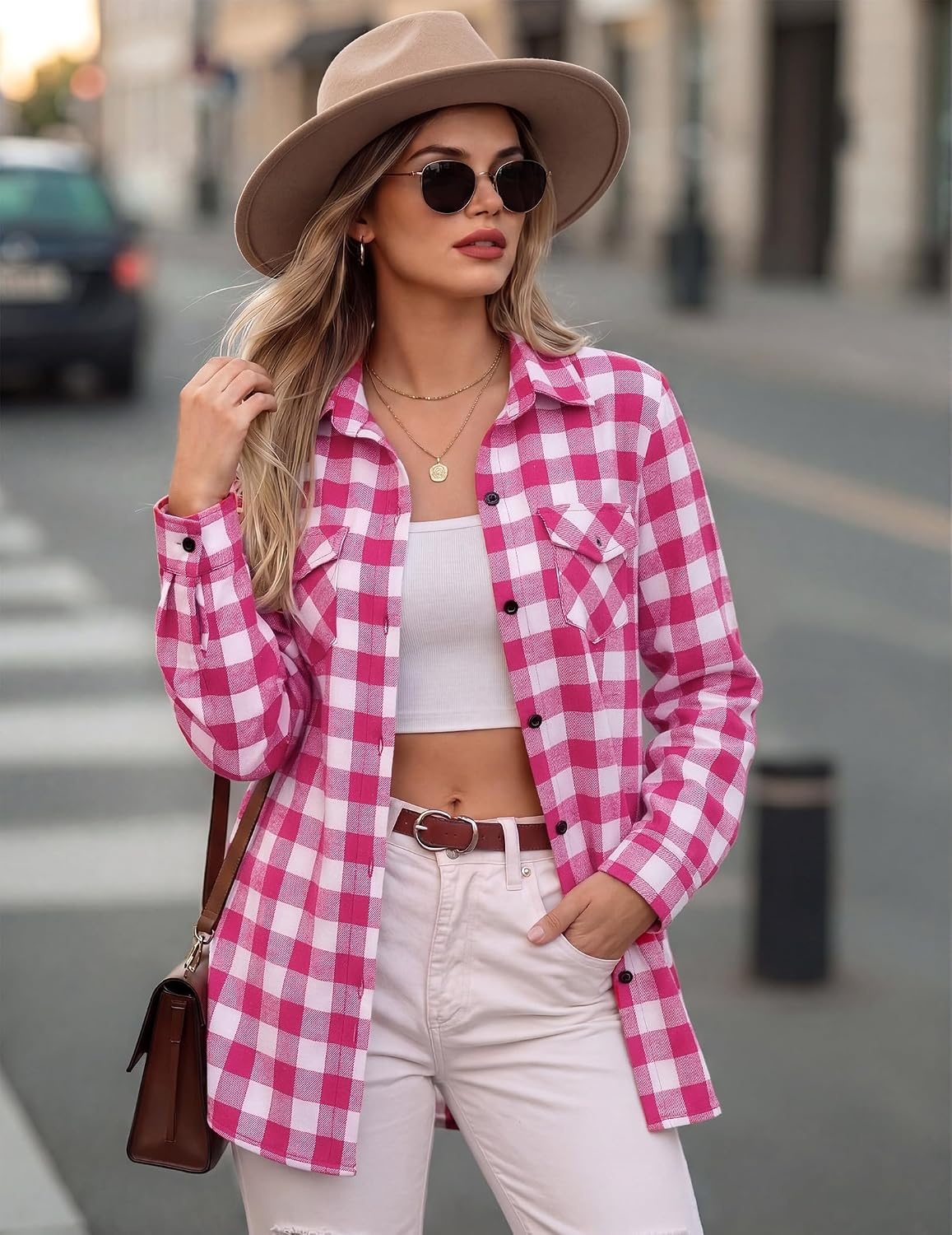 image:imageZeagoo Womens Plaid Flannel Shirt Long Sleeve Top Casual Button Down Blouse1rose