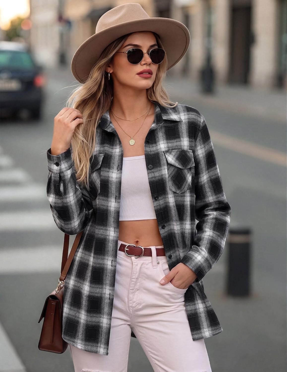 image:imageZeagoo Womens Plaid Flannel Shirt Long Sleeve Top Casual Button Down BlouseBlack White