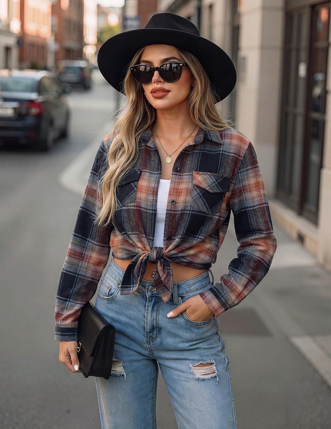 image:imageZeagoo Womens Plaid Flannel Shirt Long Sleeve Top Casual Button Down BlouseCaramel Black