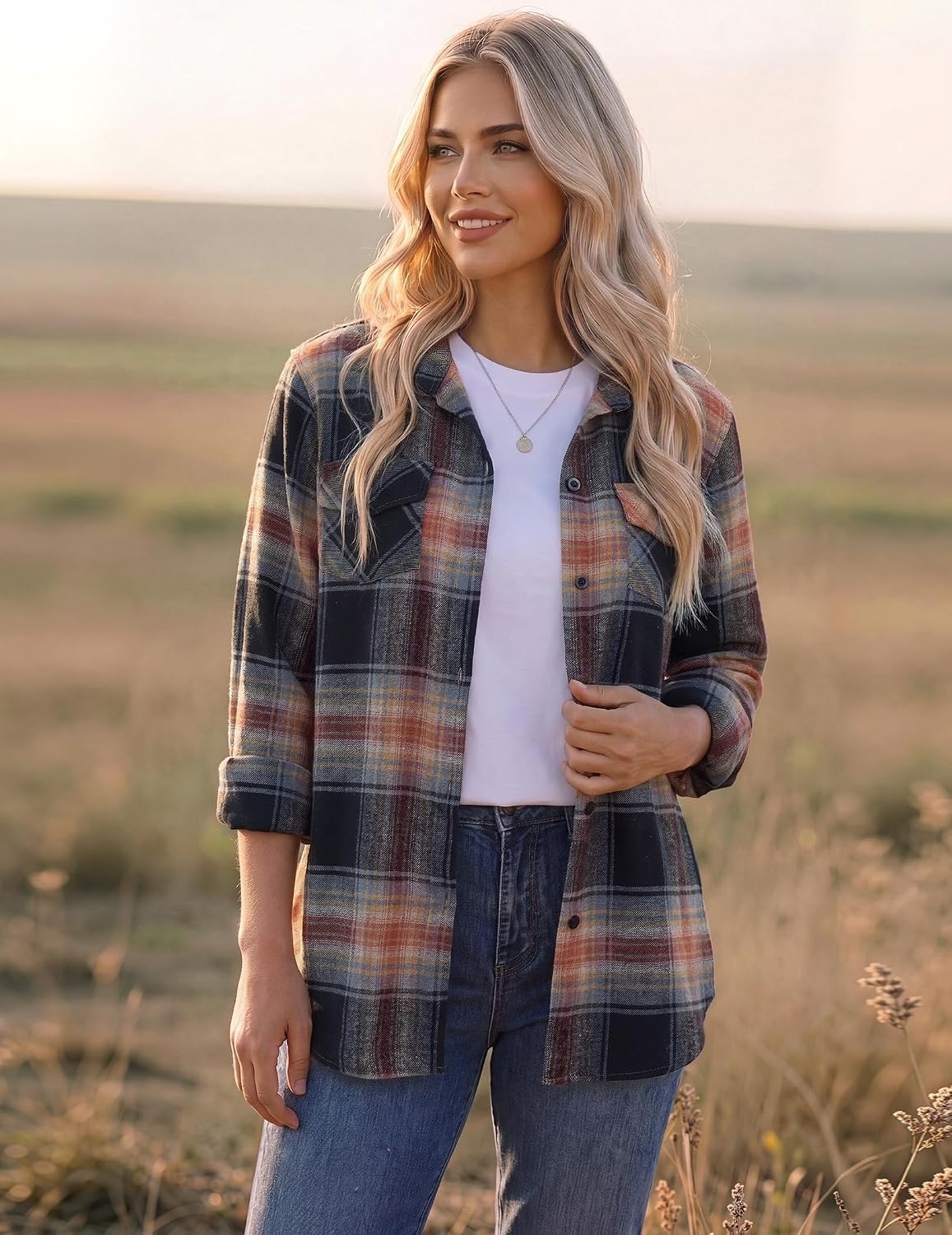 image:imageZeagoo Womens Plaid Flannel Shirt Long Sleeve Top Casual Button Down BlouseCaramel Black