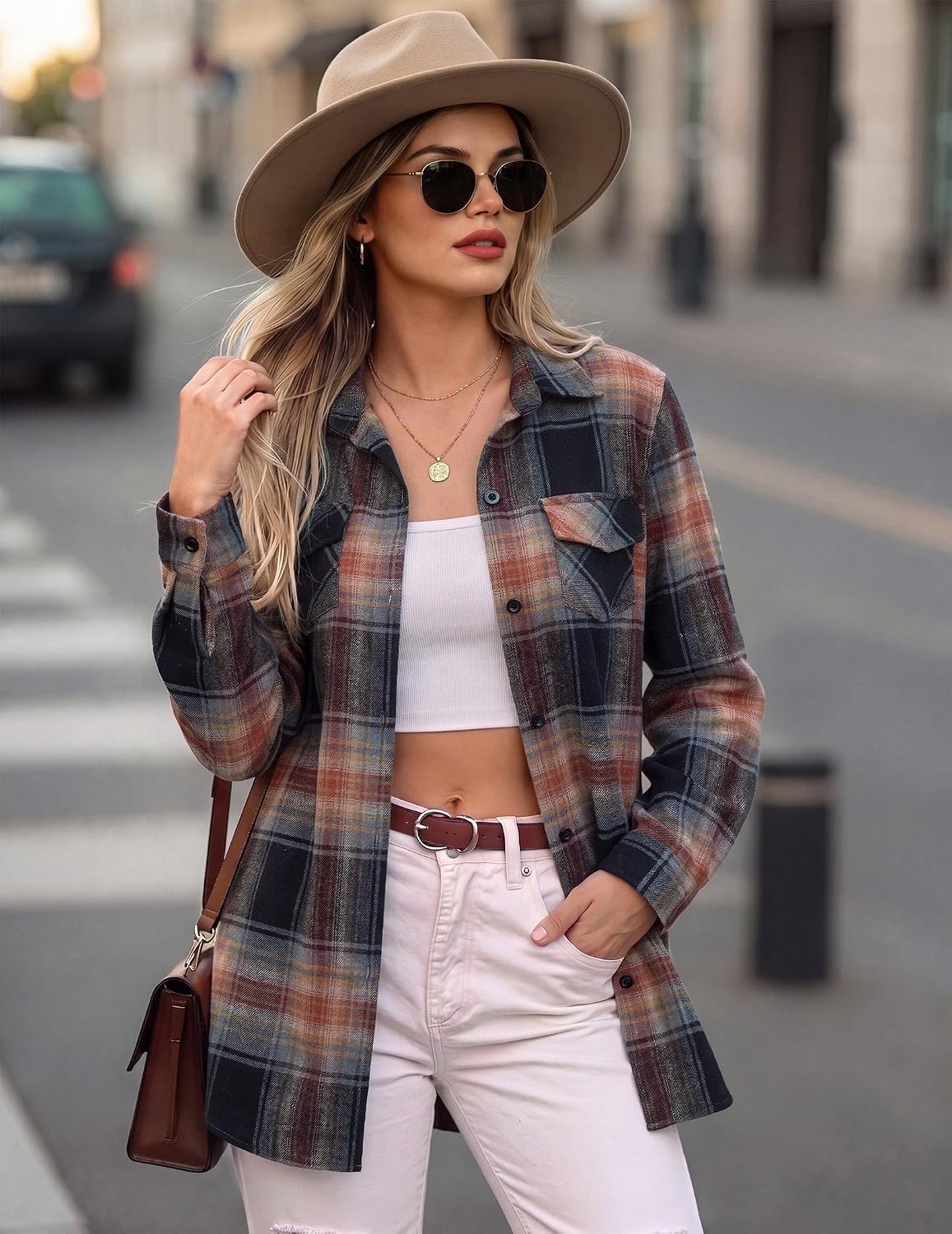 image:imageZeagoo Womens Plaid Flannel Shirt Long Sleeve Top Casual Button Down BlouseCaramel Black