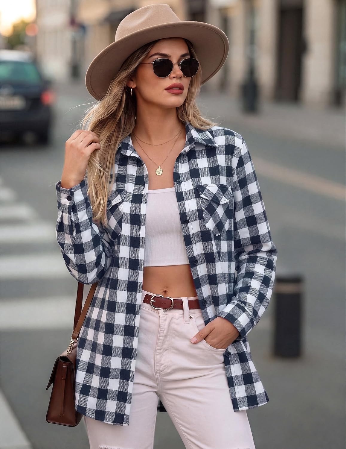image:imageZeagoo Womens Plaid Flannel Shirt Long Sleeve Top Casual Button Down BlouseDark Blue