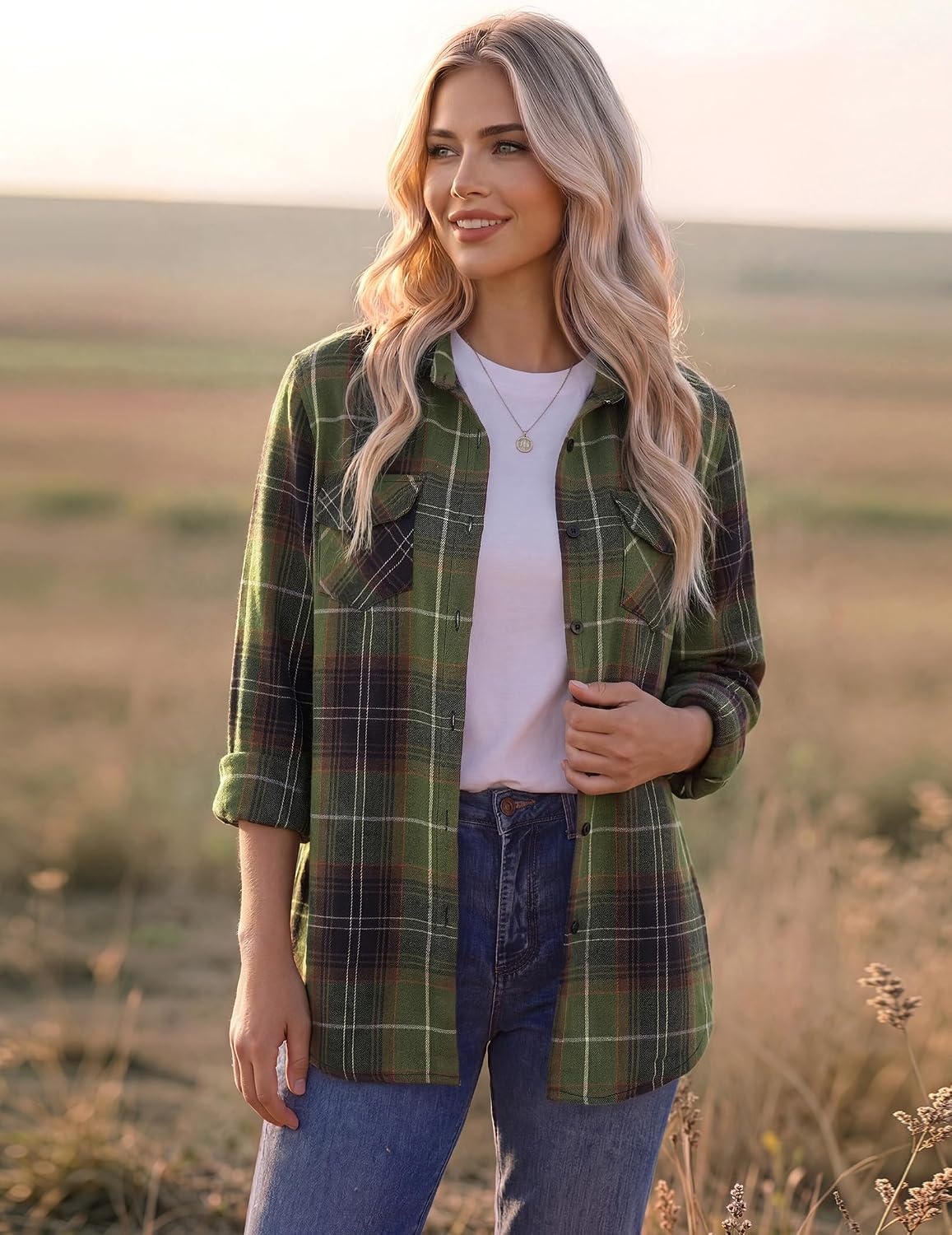 image:imageZeagoo Womens Plaid Flannel Shirt Long Sleeve Top Casual Button Down BlouseGreen Black