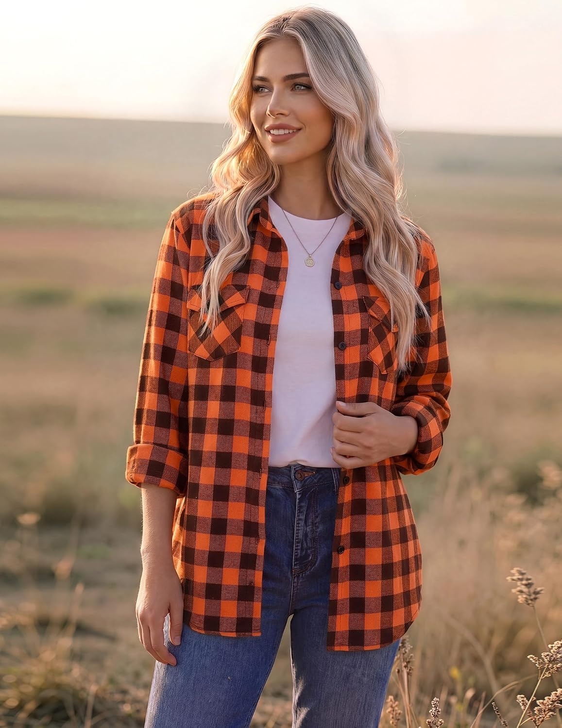 image:imageZeagoo Womens Plaid Flannel Shirt Long Sleeve Top Casual Button Down BlouseOrange Black