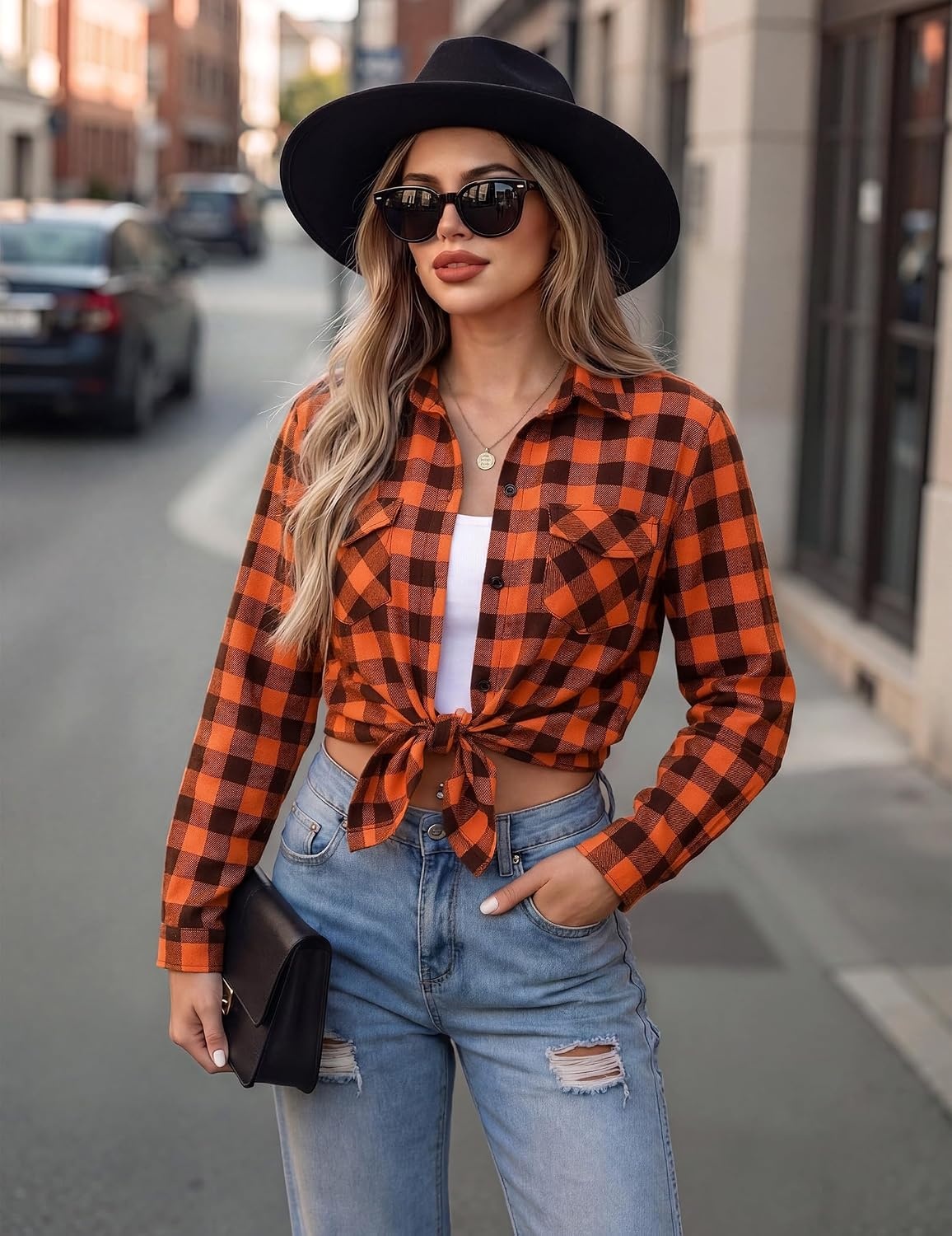 image:imageZeagoo Womens Plaid Flannel Shirt Long Sleeve Top Casual Button Down BlouseOrange Black