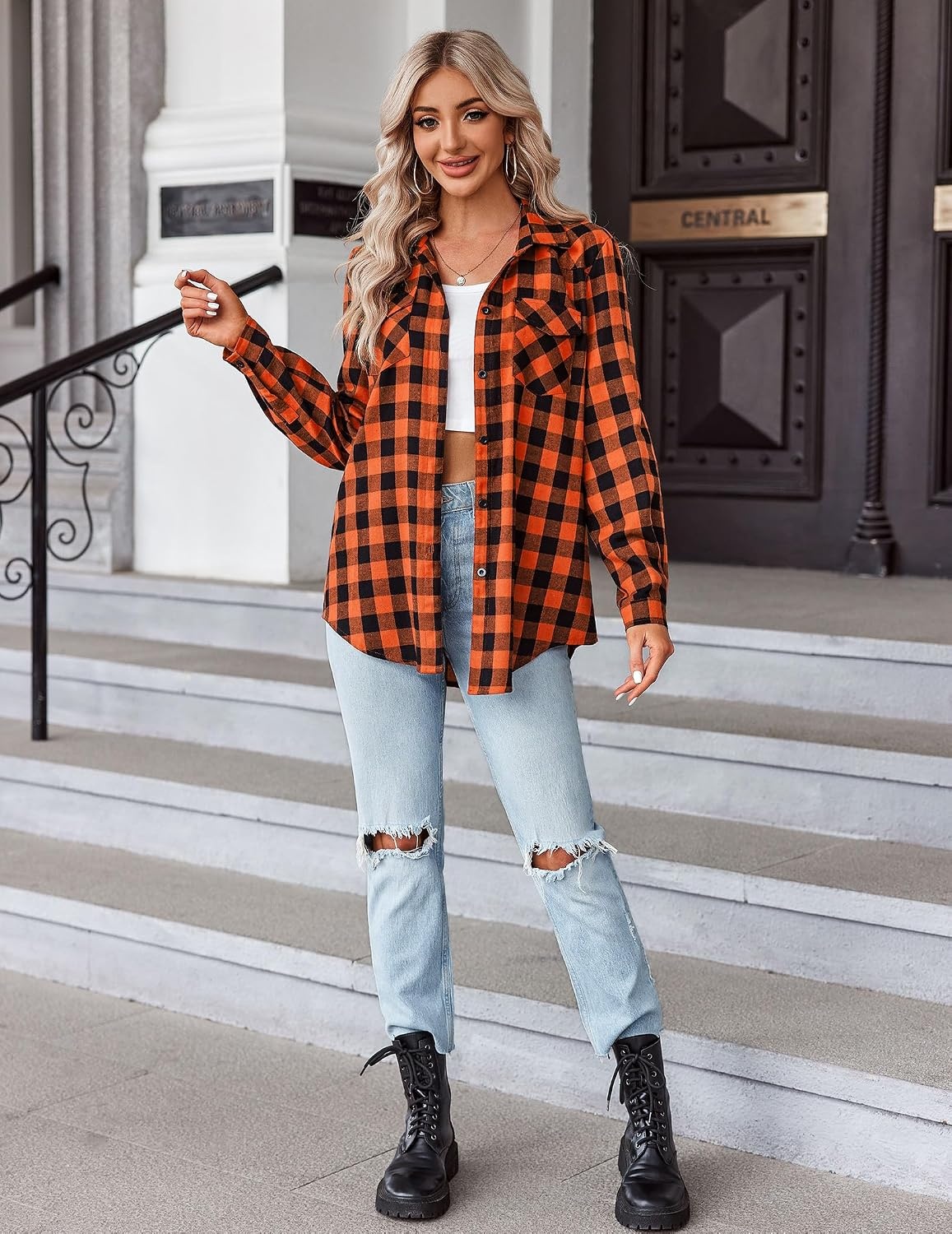 image:imageZeagoo Womens Plaid Flannel Shirt Long Sleeve Top Casual Button Down BlouseOrange Black