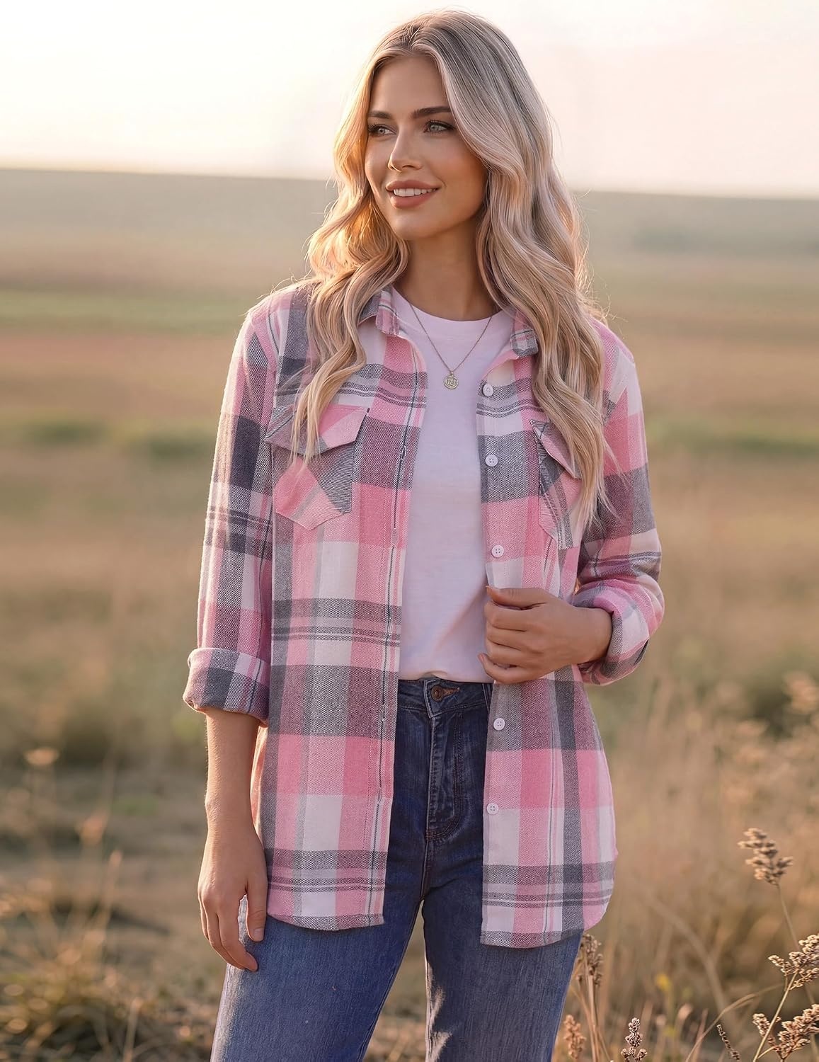 image:imageZeagoo Womens Plaid Flannel Shirt Long Sleeve Top Casual Button Down BlousePink White
