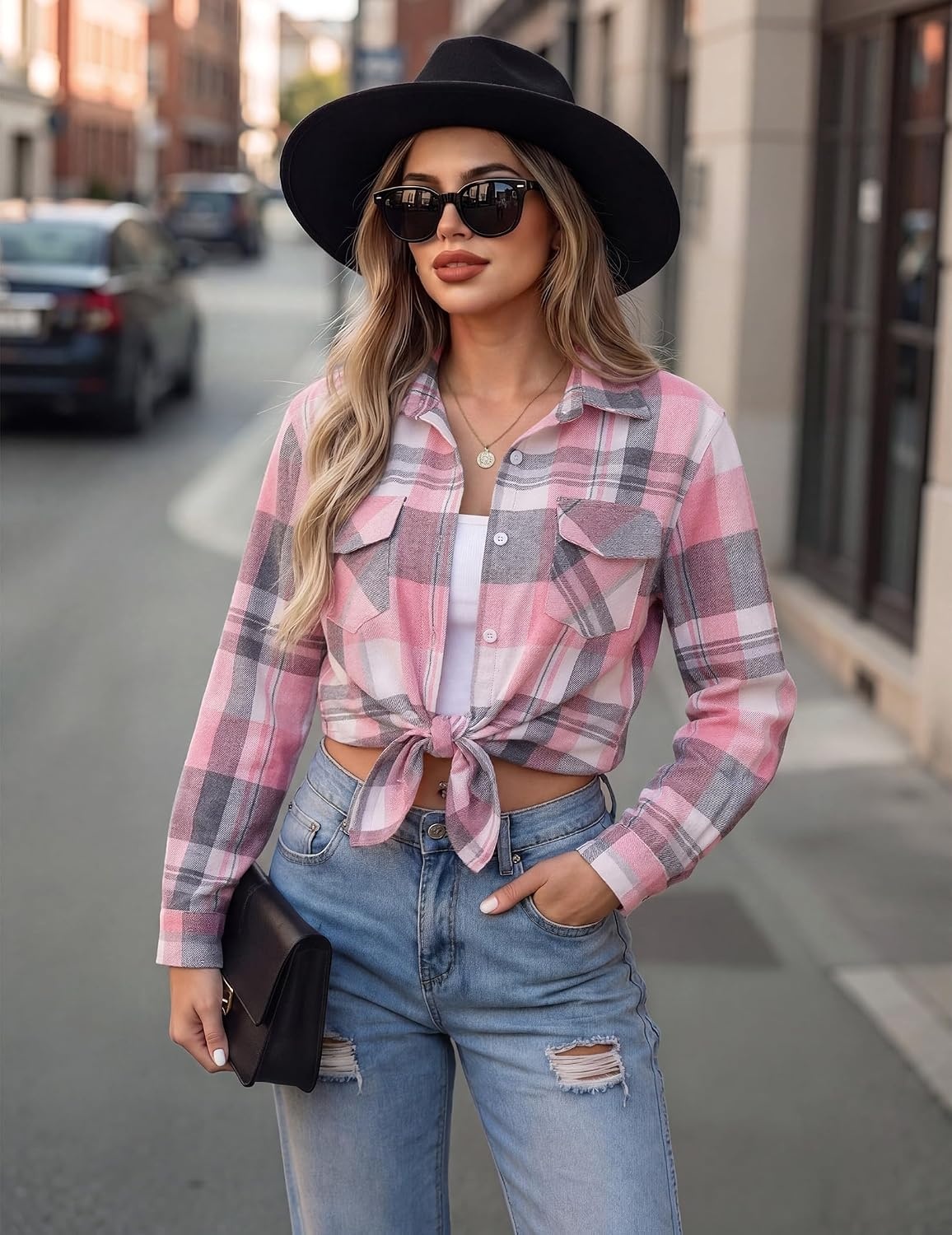image:imageZeagoo Womens Plaid Flannel Shirt Long Sleeve Top Casual Button Down BlousePink White