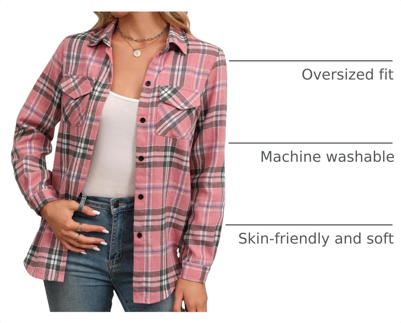 image:imageZeagoo Womens Plaid Flannel Shirt Long Sleeve Top Casual Button Down BlousePink2
