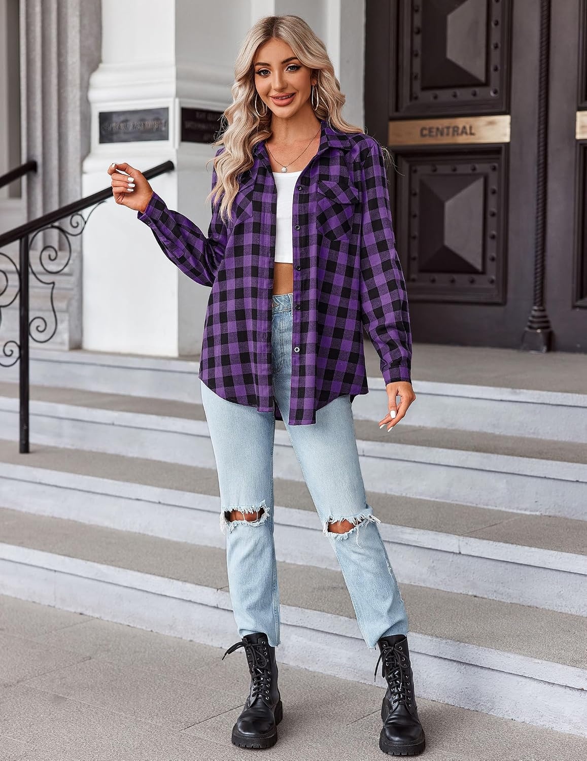 image:imageZeagoo Womens Plaid Flannel Shirt Long Sleeve Top Casual Button Down BlousePurple Black