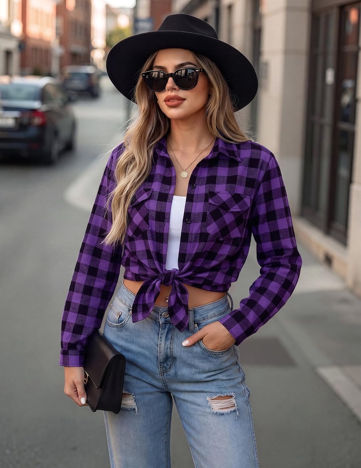 image:imageZeagoo Womens Plaid Flannel Shirt Long Sleeve Top Casual Button Down BlousePurple Black
