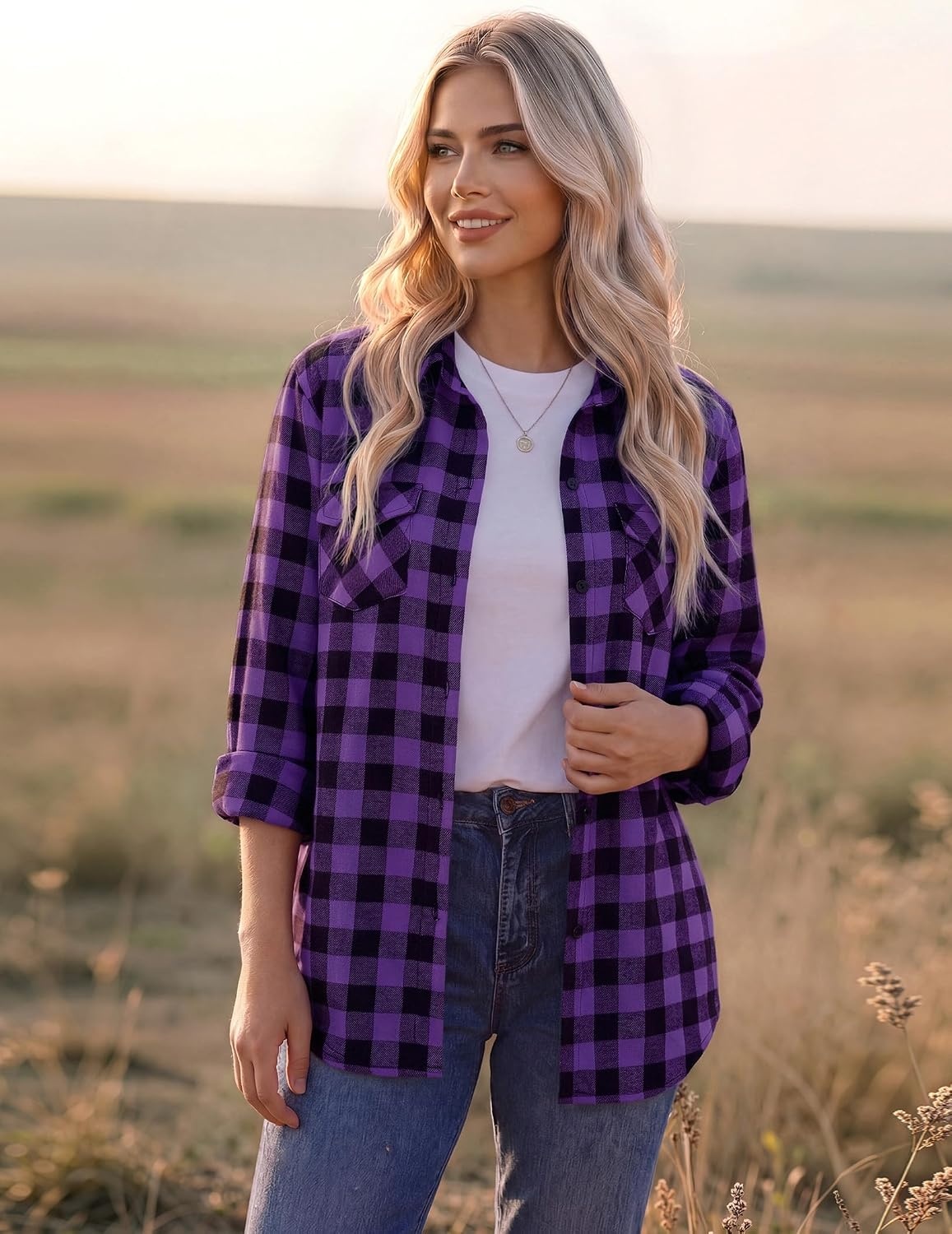 image:imageZeagoo Womens Plaid Flannel Shirt Long Sleeve Top Casual Button Down BlousePurple Black