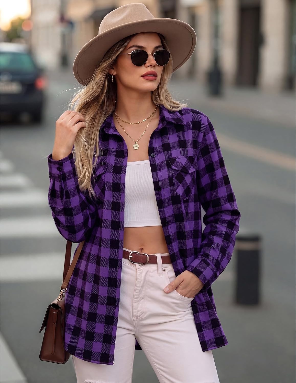 image:imageZeagoo Womens Plaid Flannel Shirt Long Sleeve Top Casual Button Down BlousePurple Black
