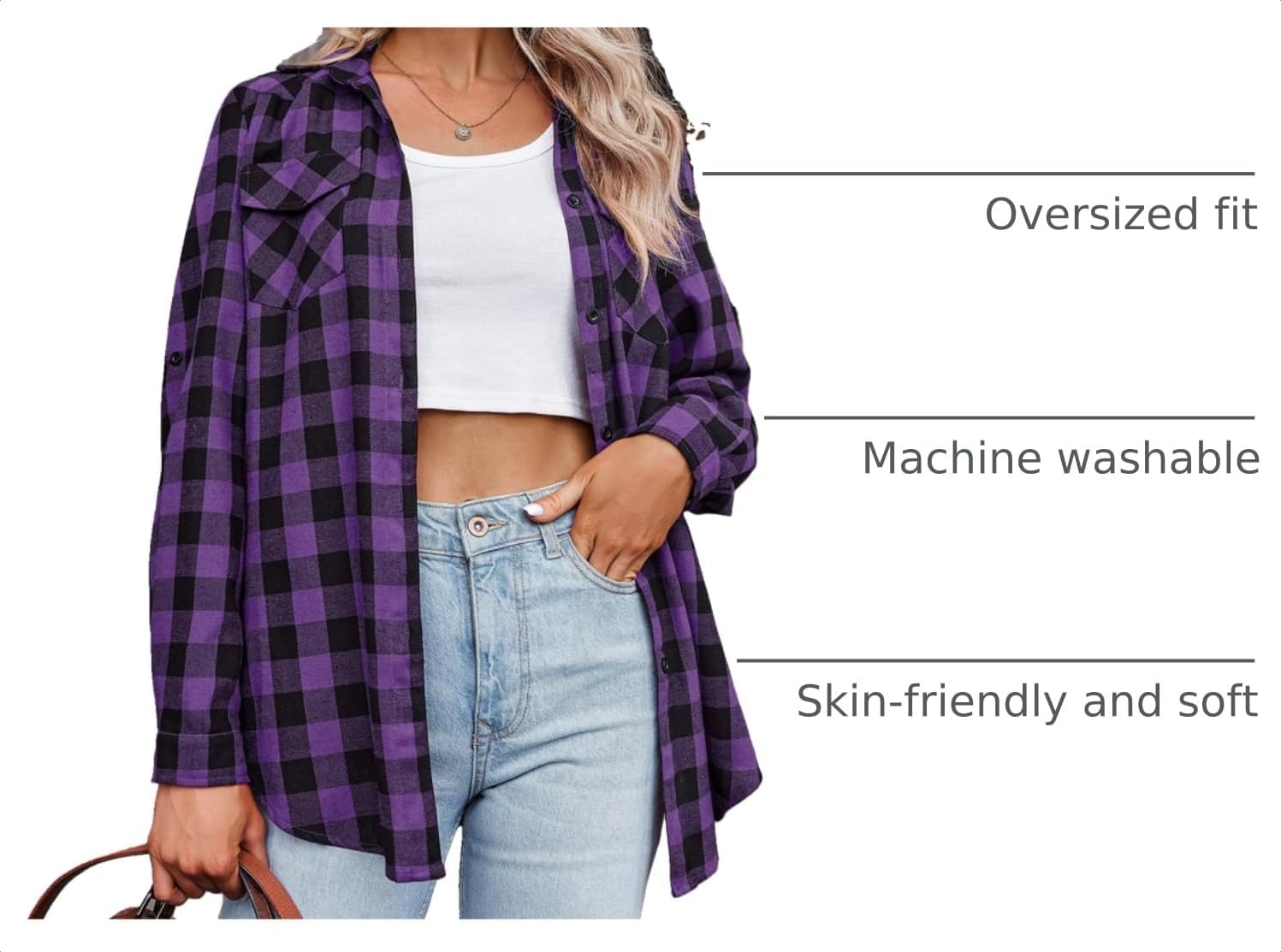 image:imageZeagoo Womens Plaid Flannel Shirt Long Sleeve Top Casual Button Down BlousePurple Black