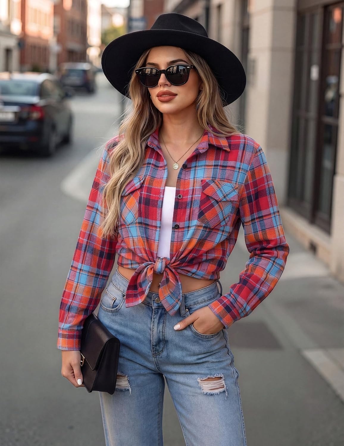 image:imageZeagoo Womens Plaid Flannel Shirt Long Sleeve Top Casual Button Down BlouseRed Blue