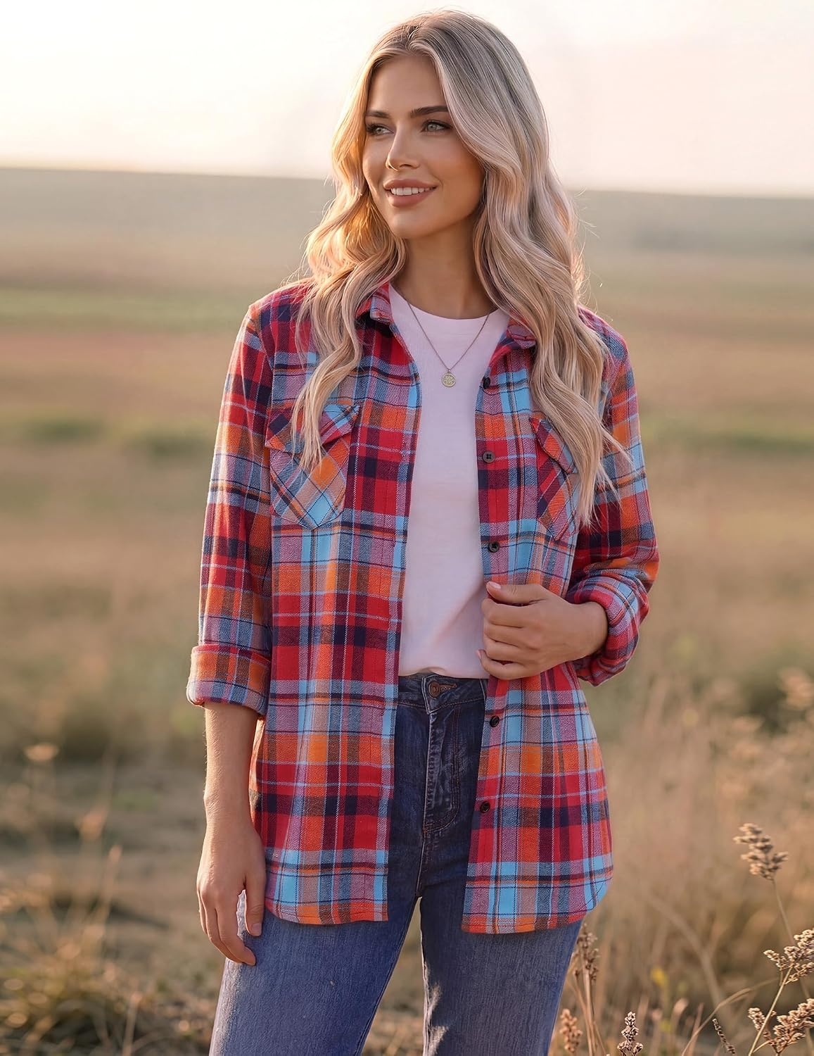 image:imageZeagoo Womens Plaid Flannel Shirt Long Sleeve Top Casual Button Down BlouseRed Blue