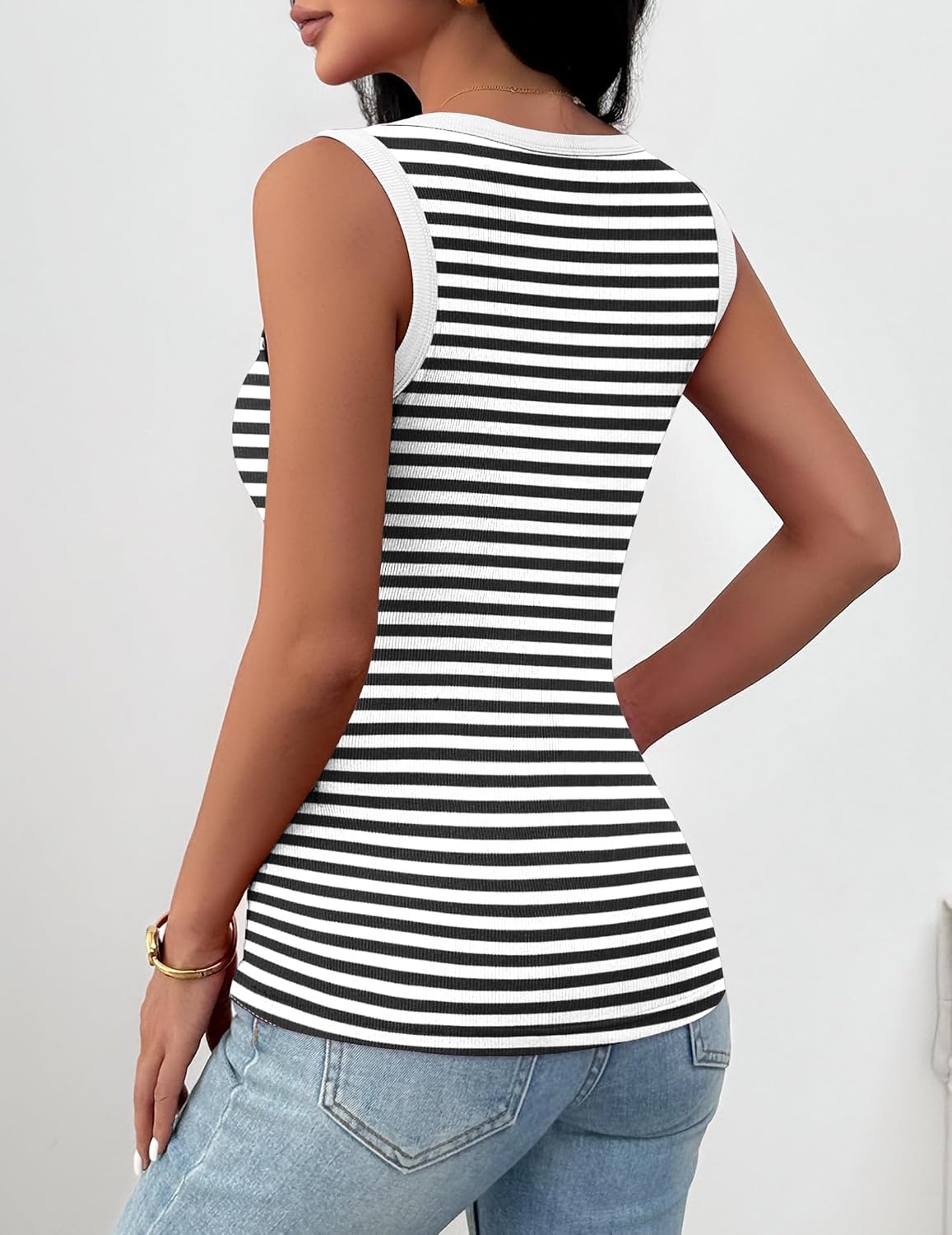 image:imageZeagoo Womens Square Neck Ribbed Tank Tops 2026 Summer Sleeveless ShirtsA Stripe Black White