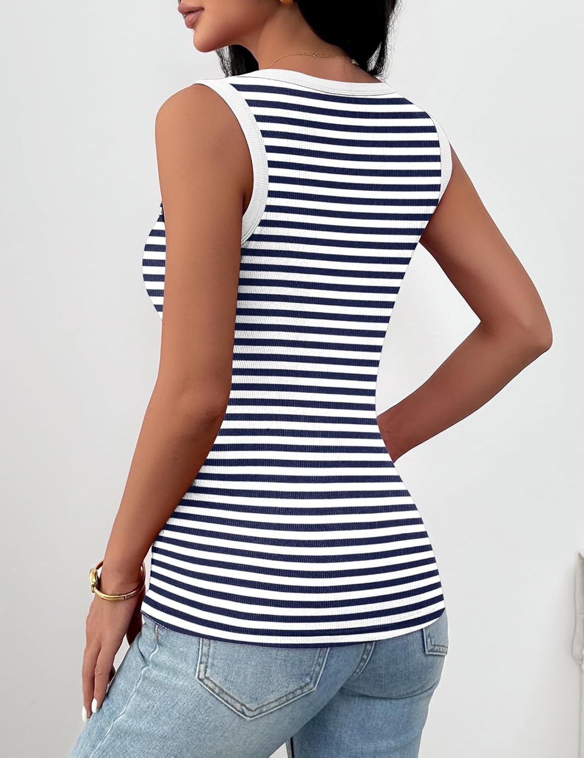 image:imageZeagoo Womens Square Neck Ribbed Tank Tops 2026 Summer Sleeveless ShirtsE Stripe Navy White