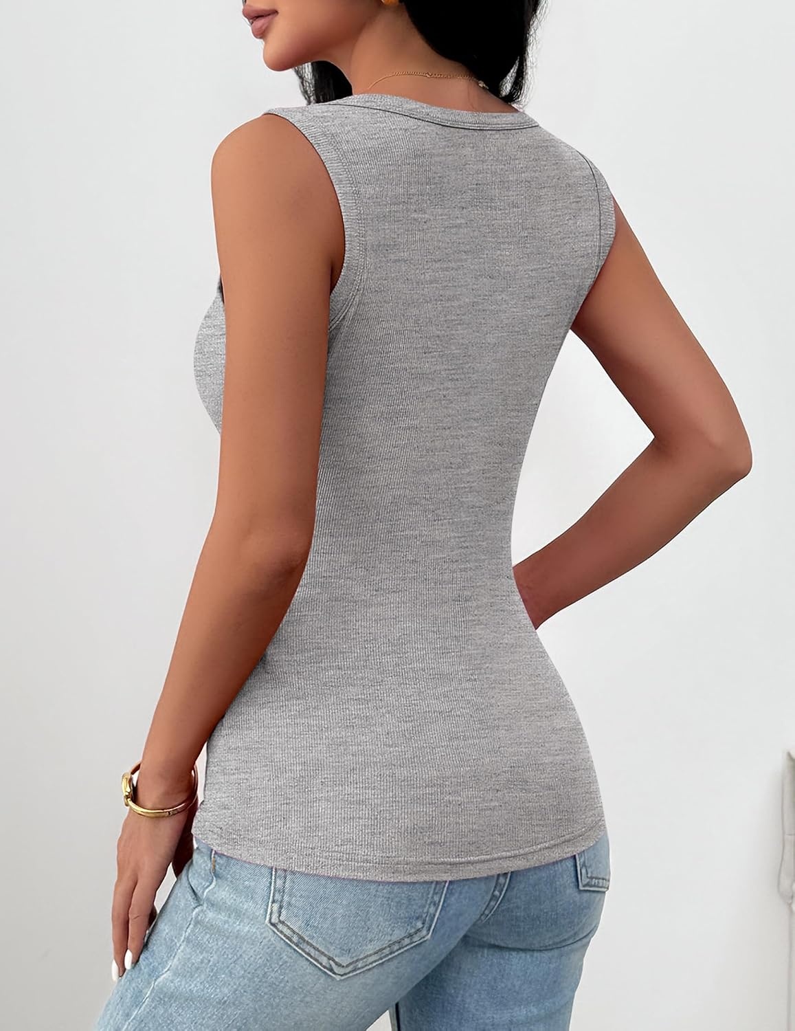 image:imageZeagoo Womens Square Neck Ribbed Tank Tops 2026 Summer Sleeveless ShirtsLight Grey