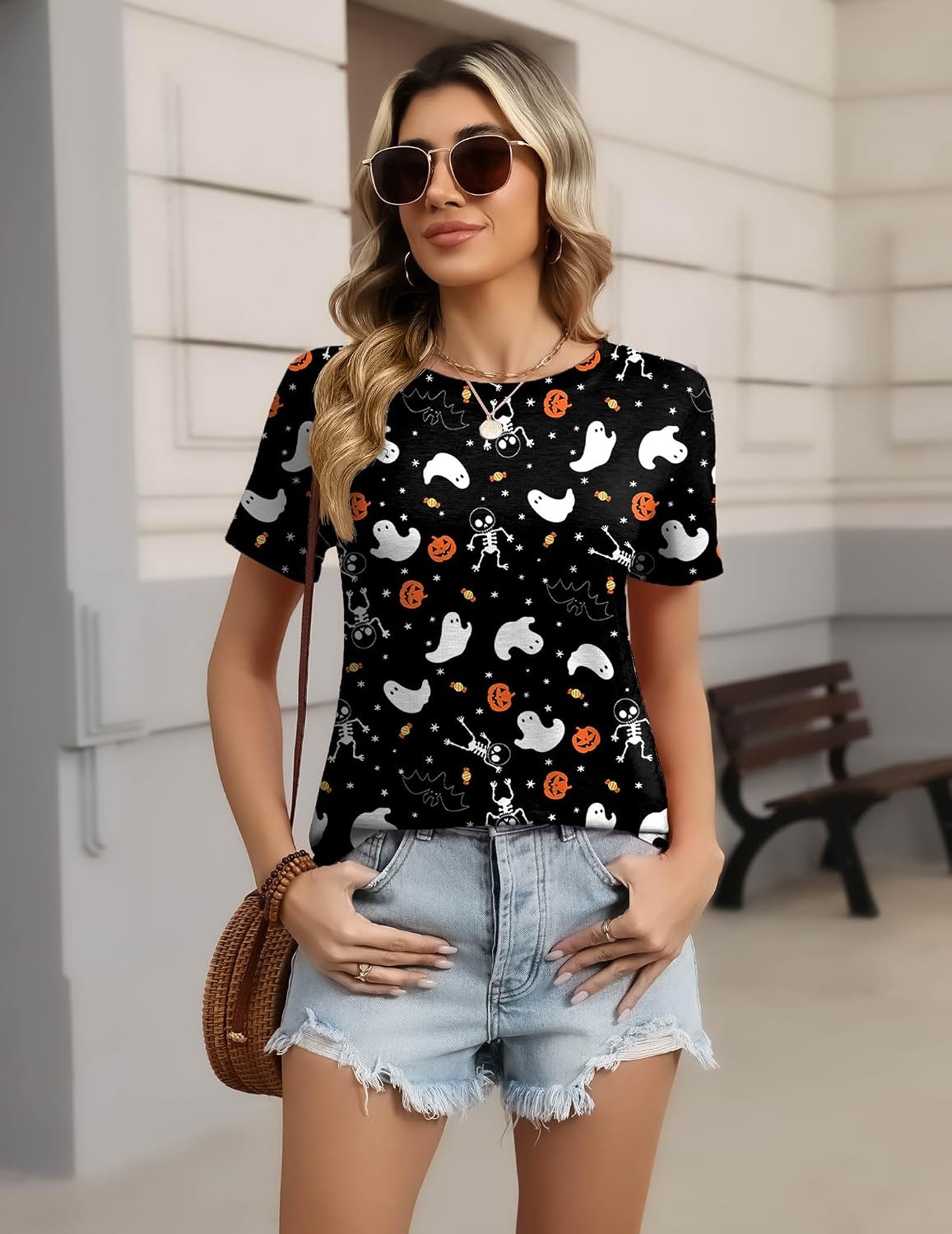 image:imageZeagoo Womens Tshirt Short Sleeve Summer Tops Crewneck Casual Basic Tee Shirts Spring Clothes Trendy OutfitZ Halloween Skeleton