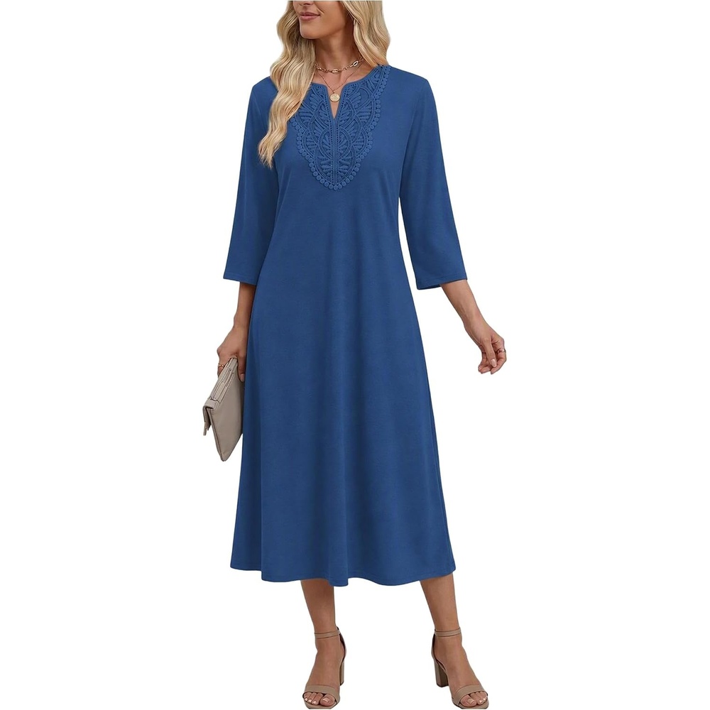 image:imageZeagoo 34 Sleeve Dress for Women Midi Dresses V Neck Lace Casual SundressBlue
