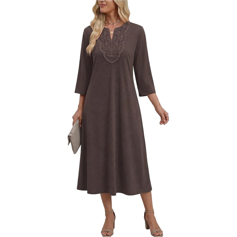 image:imageZeagoo 34 Sleeve Dress for Women Midi Dresses V Neck Lace Casual SundressBrown