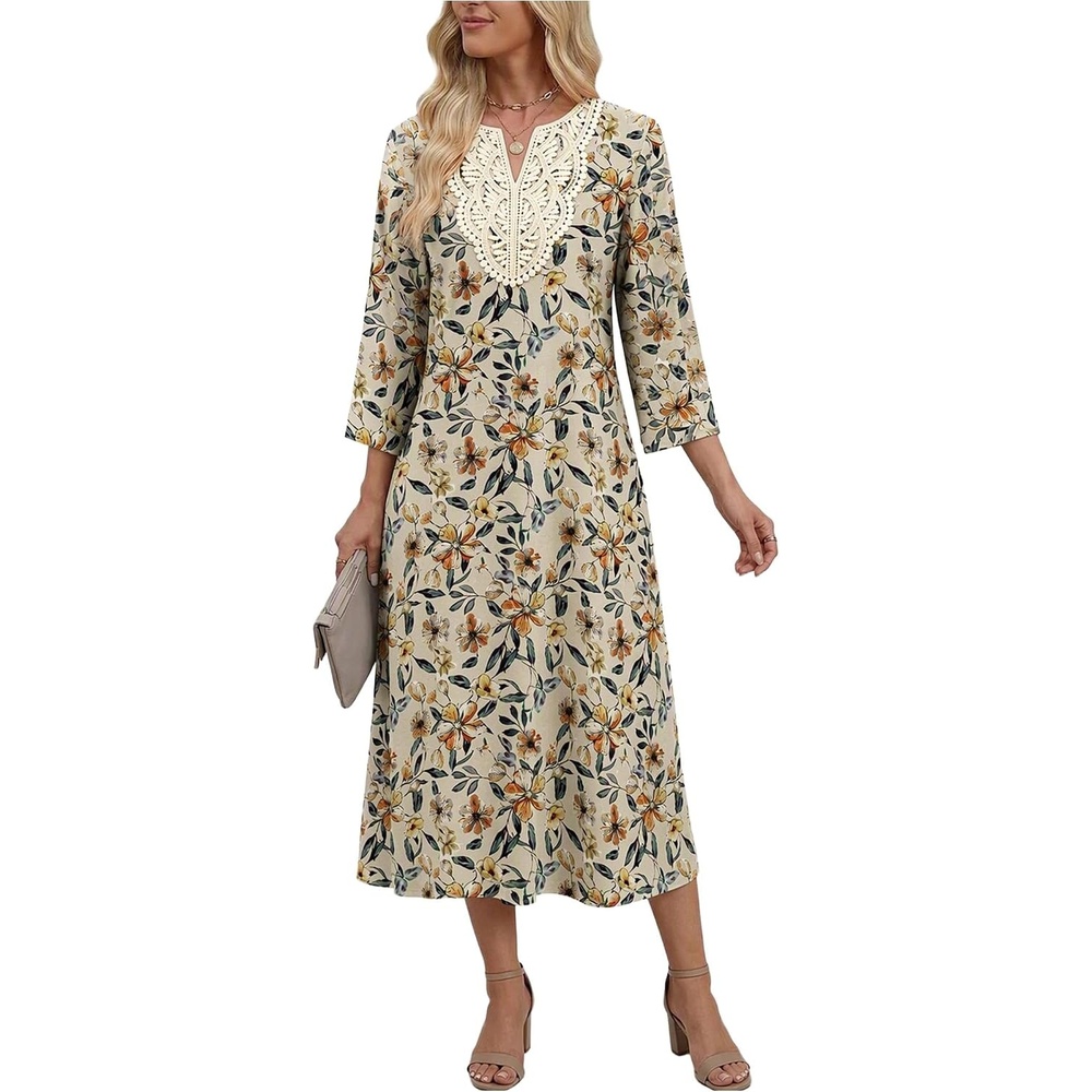 image:imageZeagoo 34 Sleeve Dress for Women Midi Dresses V Neck Lace Casual SundressBrown Floral 02