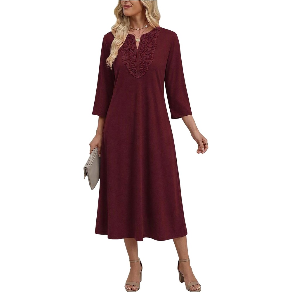 image:imageZeagoo 34 Sleeve Dress for Women Midi Dresses V Neck Lace Casual SundressDeep Red