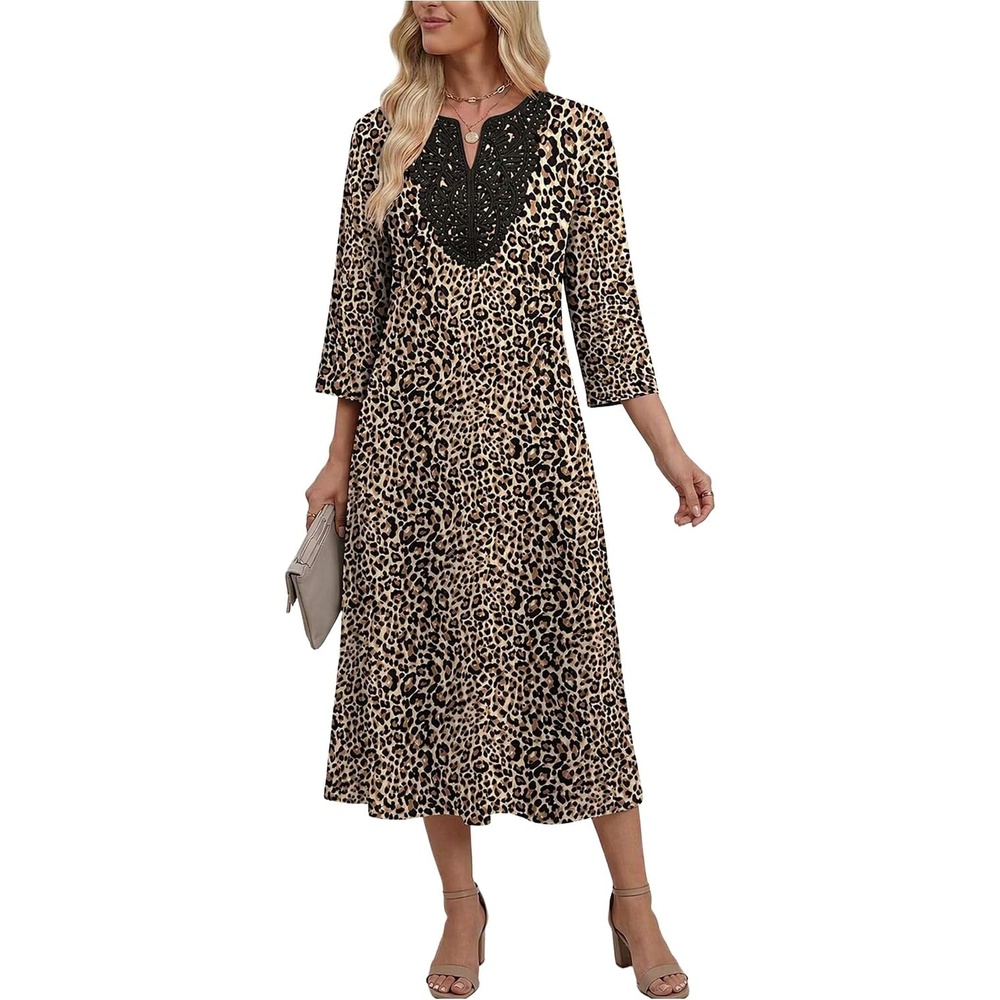 image:imageZeagoo 34 Sleeve Dress for Women Midi Dresses V Neck Lace Casual SundressLeopard