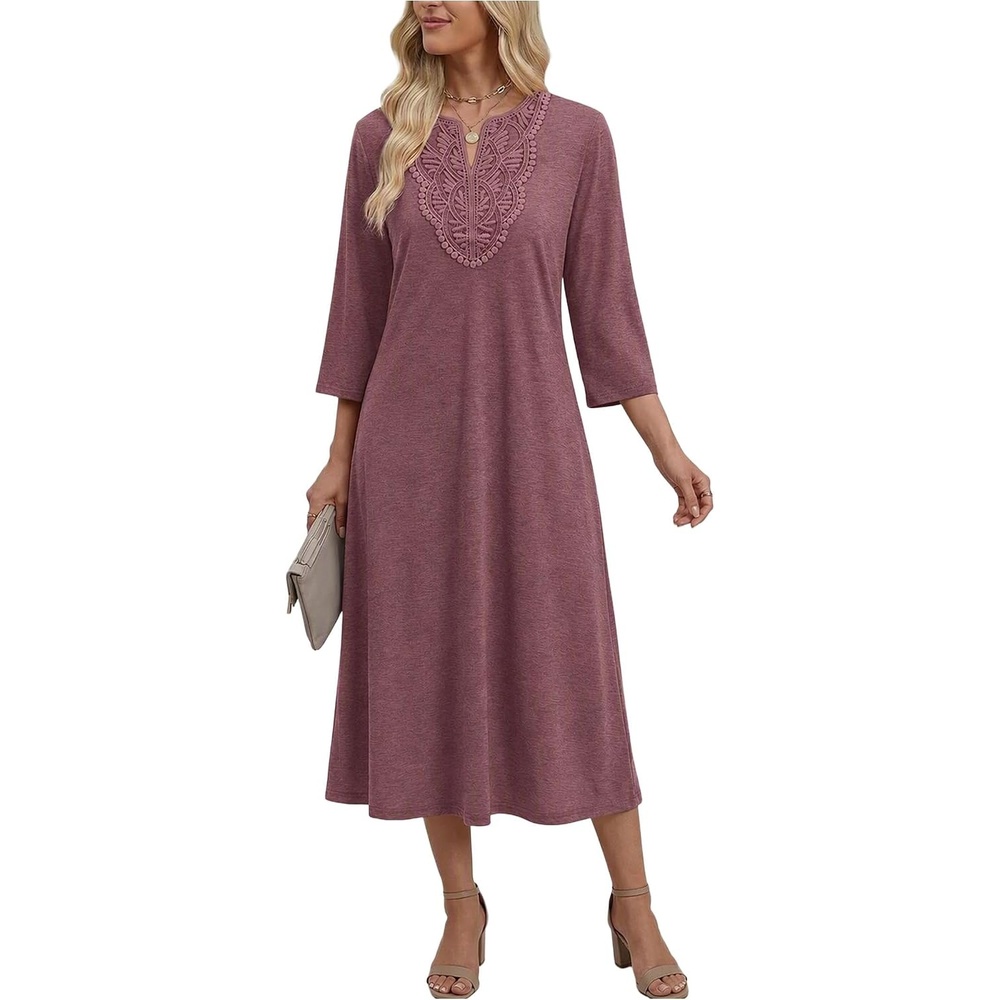 image:imageZeagoo 34 Sleeve Dress for Women Midi Dresses V Neck Lace Casual SundressMauve