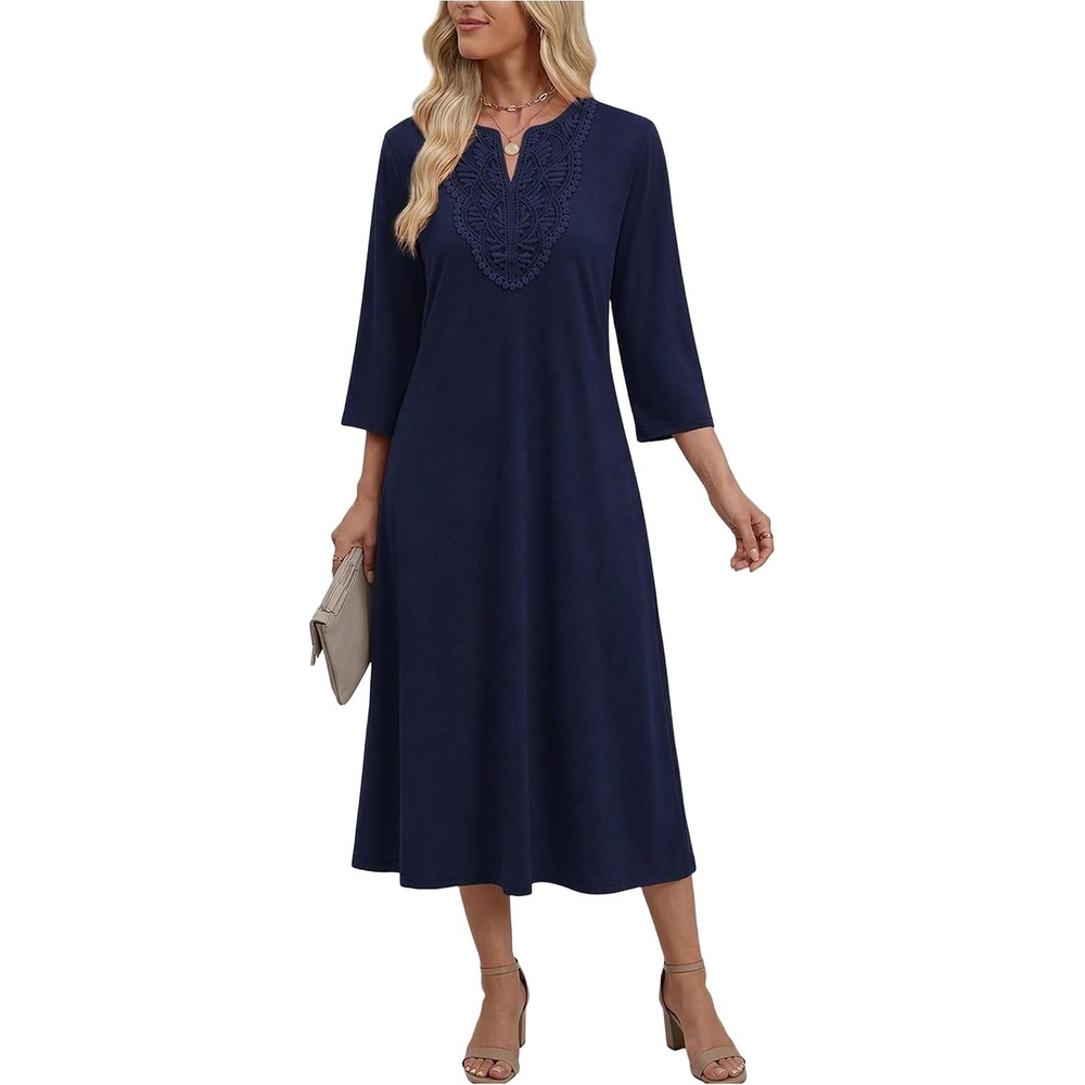 image:imageZeagoo 34 Sleeve Dress for Women Midi Dresses V Neck Lace Casual SundressNavy Blue